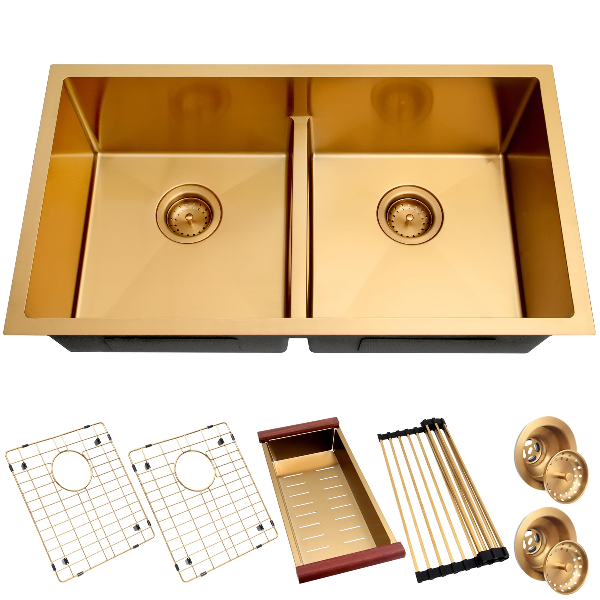 Zeesink Gold Undermount Kitchen Sink 32 X 18 inch,Double Bowl Kitchen Sinks,16 Gauge Stainless Steel Undermount Sink,Special Low-Divide Design