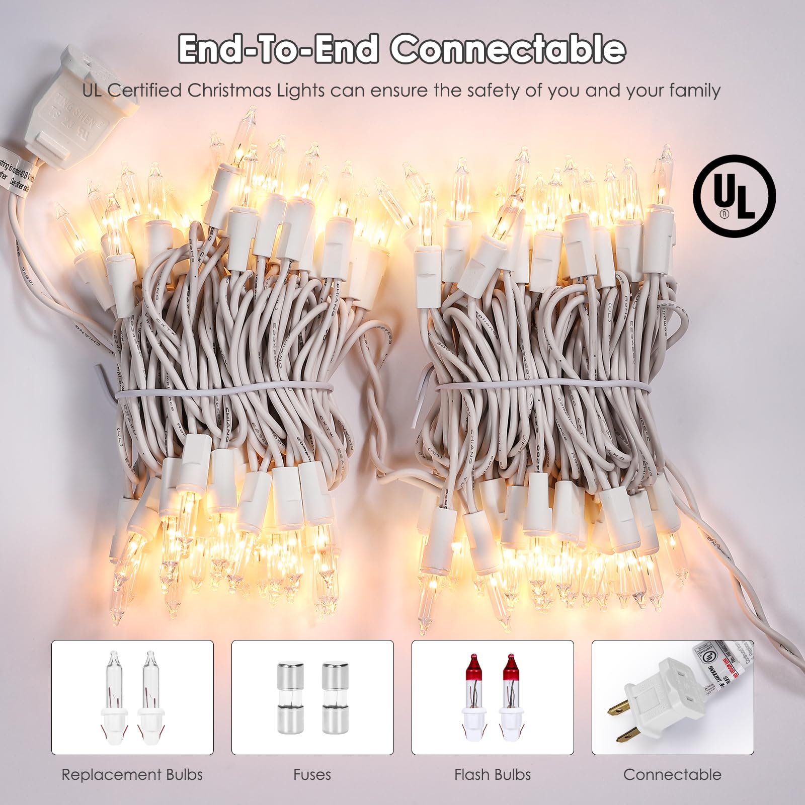 Meteds Christmas Lights 100 Count Clear Mini Lights White Wire UL Certified Connectable Warm White String Lights for Christmas Tree,Garland,Home,Patio, Wedding,Party,Festival Decor