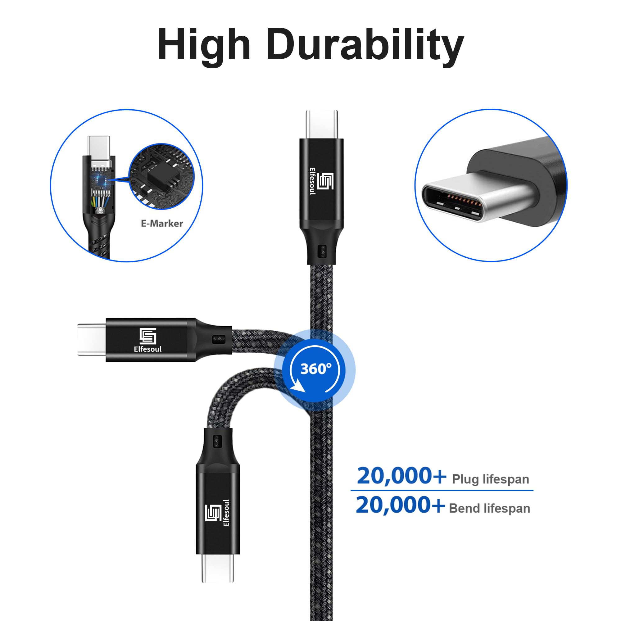 Elfesoul USB C to USB C Cable, 3.2 Gen 2 USB-C Cable 10ft - 4K UHD 20Gbps USB C Cable 100W PD Fast Charging Cable for MacBook Pro, for iPad Pro, Nylon Braided, Black.