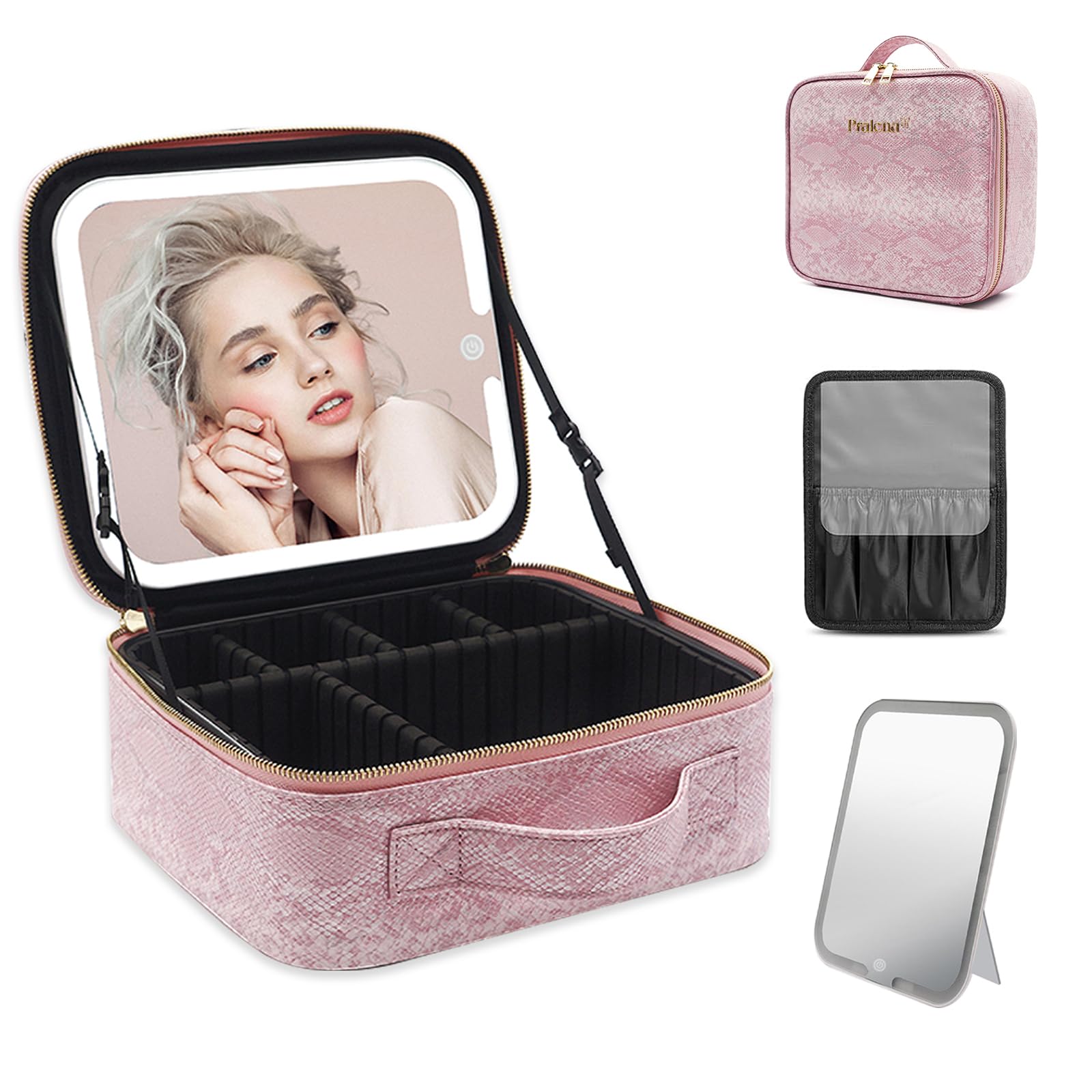 PRALENA Travel Makeup Bag with LED Lighted Mirror Adjustable Brightness in 3 Colors Portable Makeup Case with Dividers Cosmetic Organizer for Beauty Artists Perfect for Travel & Home,Pink