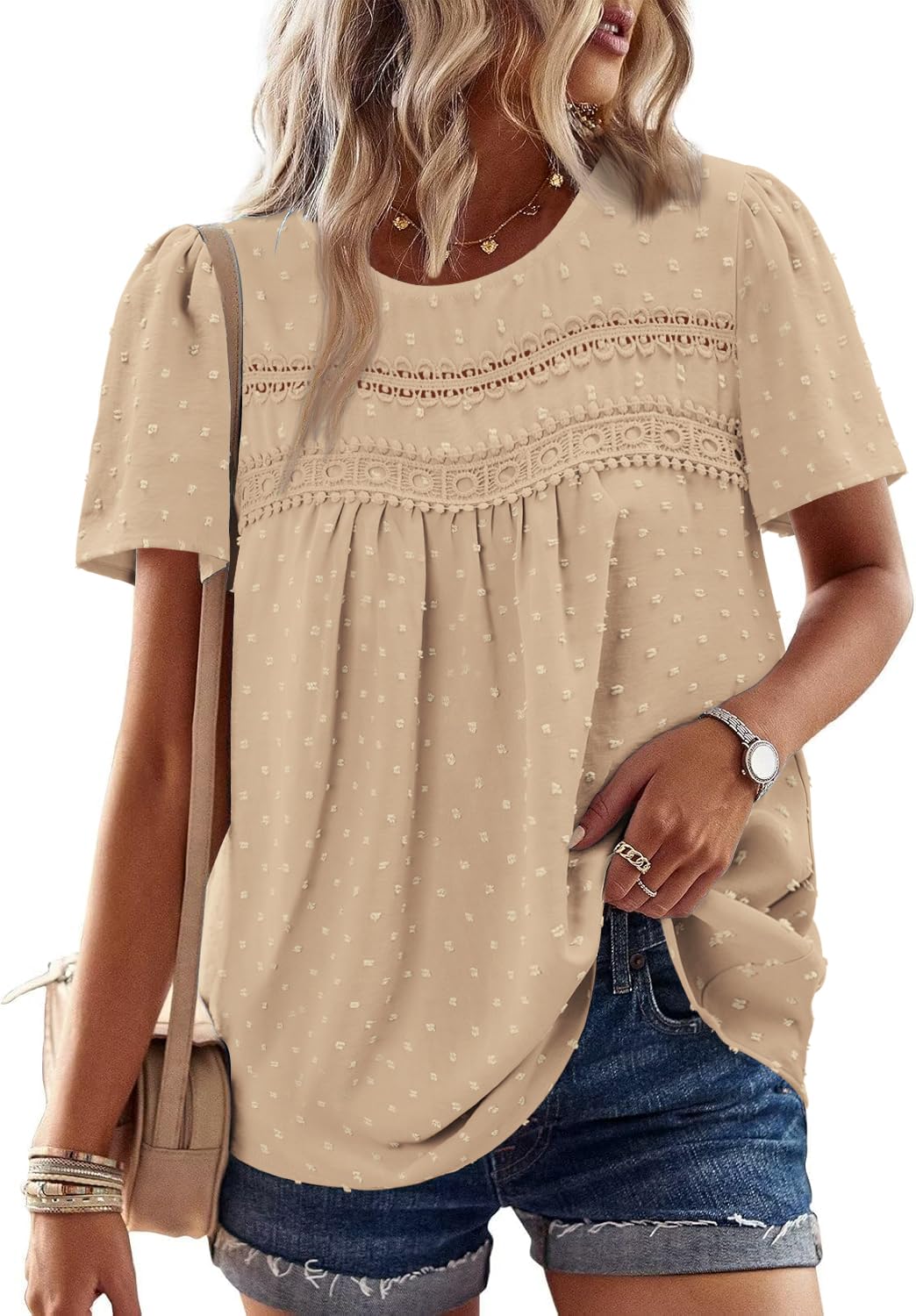 Women Summer Shirts Trendy Boho Lace Tops Short Sleeve Loose Casual Flowy Cute Blouses Ladies Crew Neck Cute Dressy Babydoll Western Blouse Apricot Large