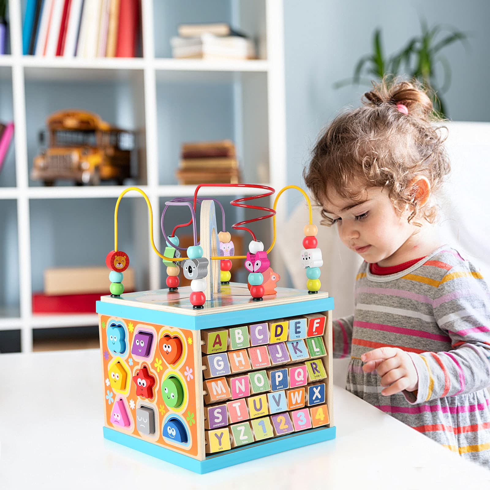 Qilay Wooden Activity Cube for Toddlers 1-3 (Large), 5 in 1 Multipurpose ABC-123 Abacus Bead Maze Shape Sorter | Early Educational Toy for Toddlers - First Birthday Present for Boys Girls