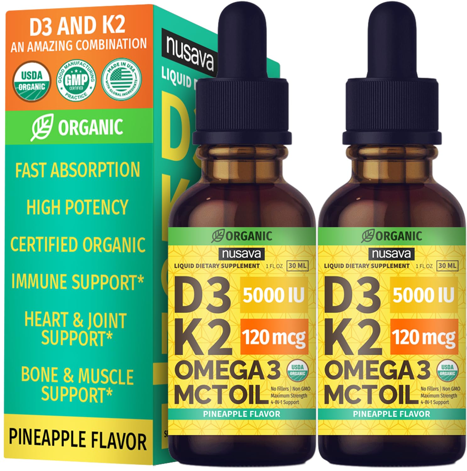 (2 Pack) Organic Vitamin D3 K2 Drops with MCT Oil Omega 3, Maximum Strength Vitamin D Liquid 5000 IU, No Fillers, Non-GMO Liquid D3 for Faster Absorption and Immune Support (Pineapple, 2 Fl Oz)