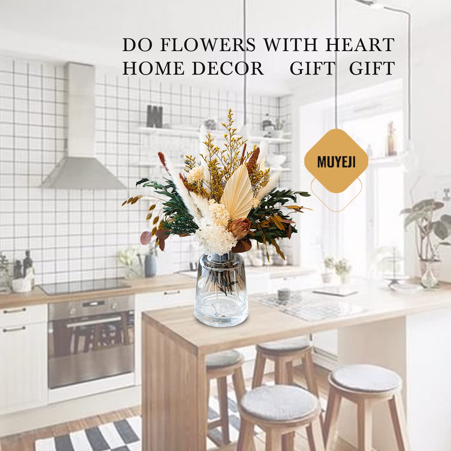 Natural Dried Flower Bouquet - Pampas Grass Decor, Fall Flower Arrangements with Eucalyptus, Palm, Preserved Plants, Rustic Western Floral for Table Centerpiece, Bohemia Home Wedding Decoration