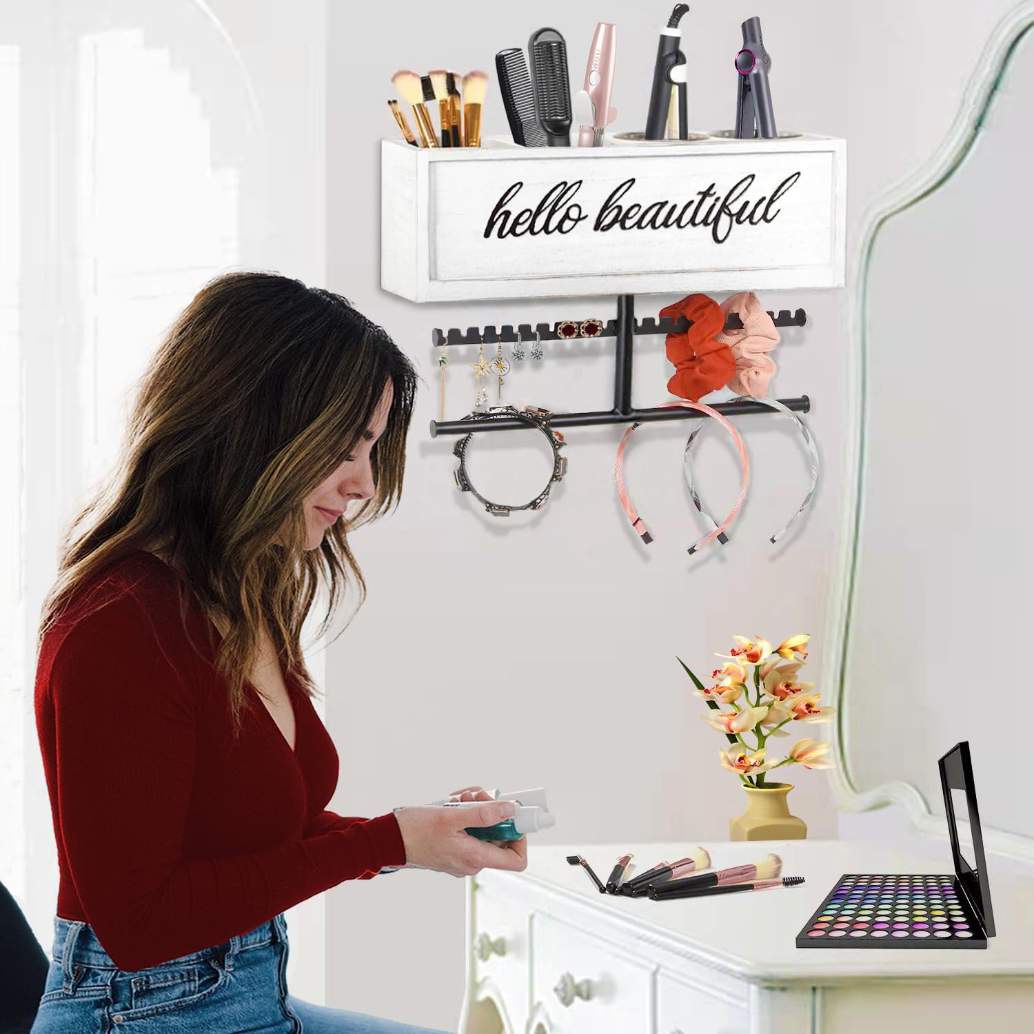 Rustic Hair Dryer Holder Wall Mounted,Hair Styling Tools & Accessories Organizer,Bathroom Supplies & hot Tools vanities Organizer Caddy,for Storage Flat Iron,Blow Dryer,Curling Iron (White)