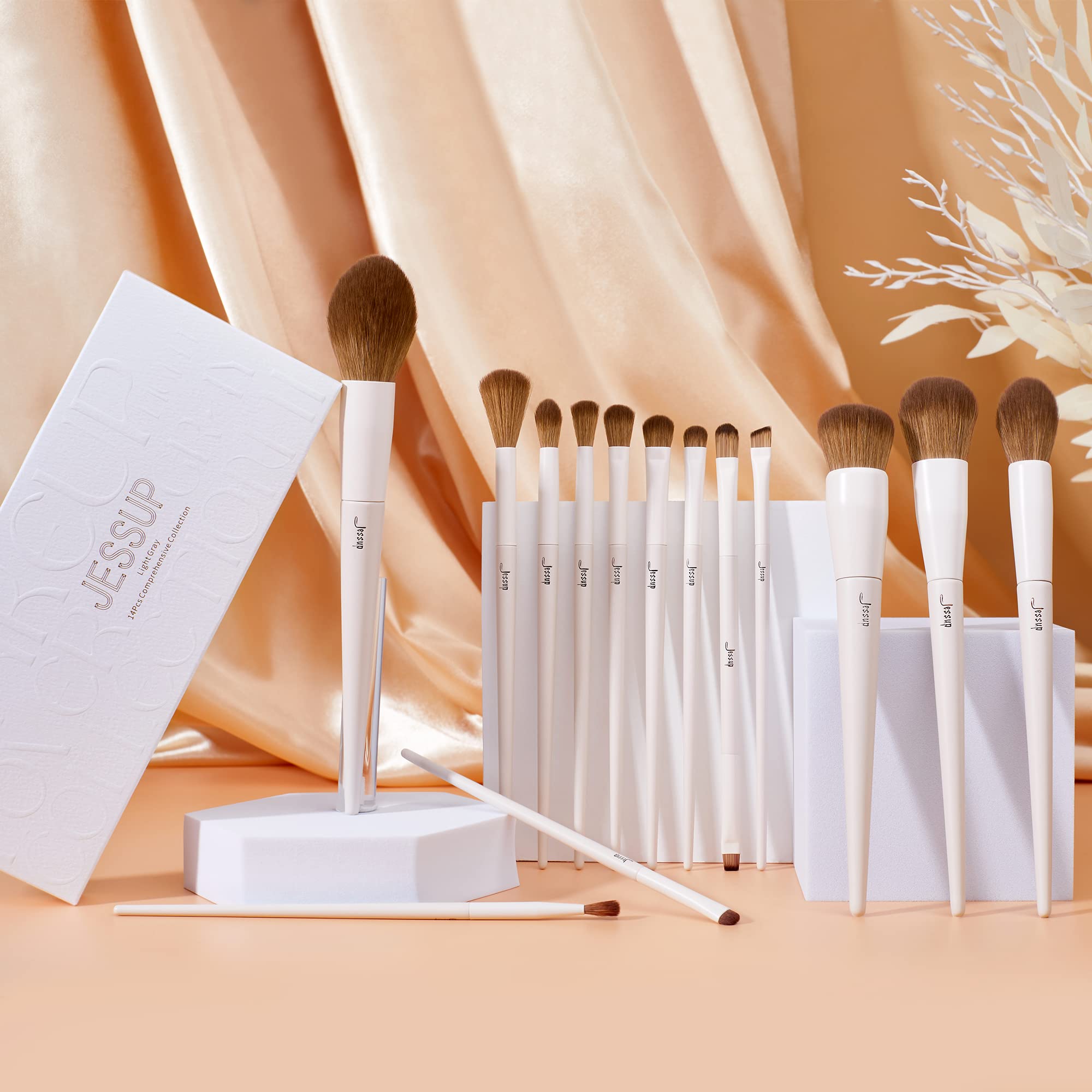 Jessup Makeup Brushes 14Pcs Makeup Brush Set Premium Synthetic Powder Foundation Contour Blush Concealer Eye Shadow Blending Liner Make Up Brush Kit Light Grey T329