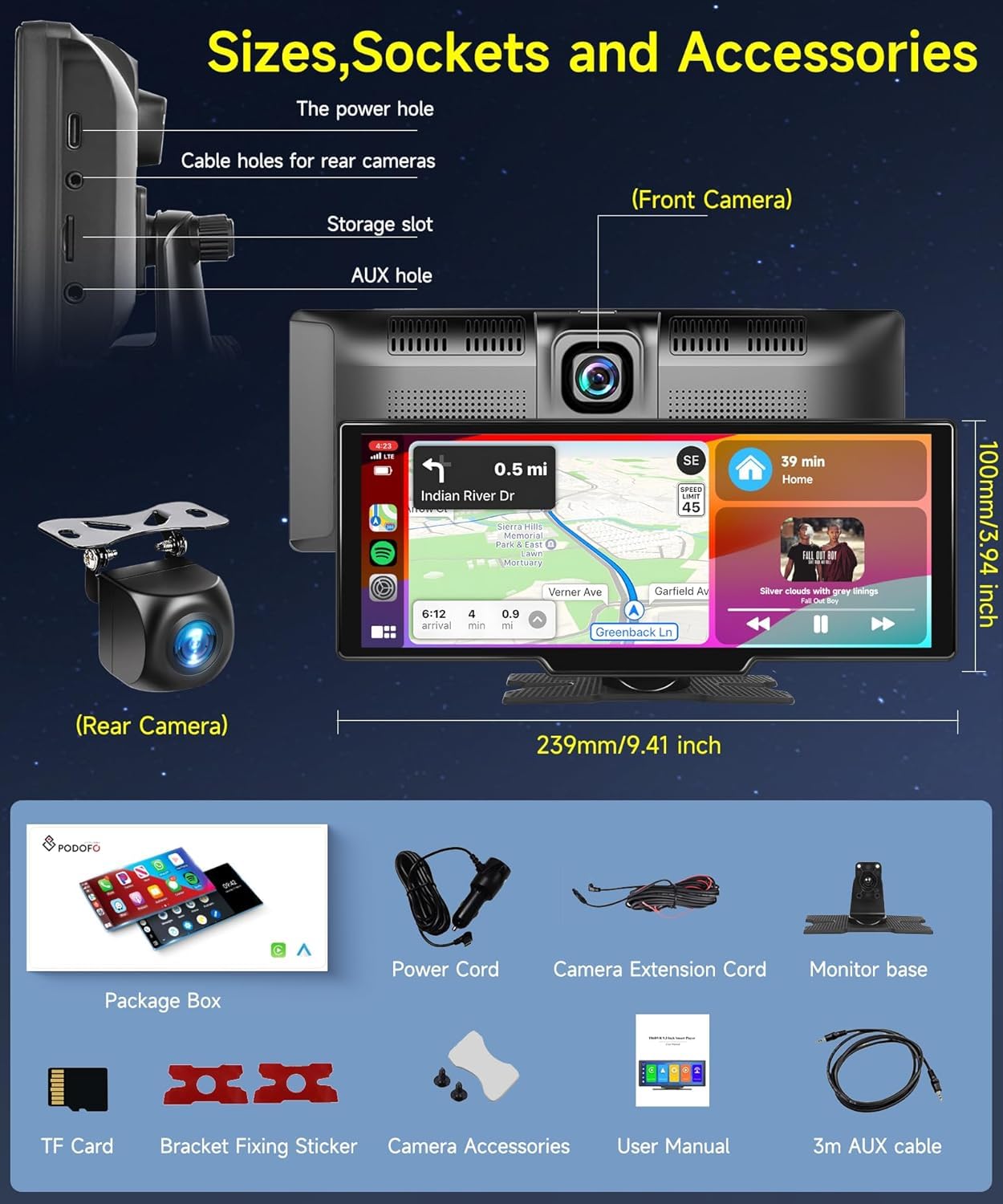 Podofo 9.3'' Wireless Carplay Screen for Car,HD 2.5K Front and AHD Backup Camera,Android Auto Airplay Mirror Link Touch Screen Bluetooth GPS Voice Control 64G TF Card,Car Play Screen for Car