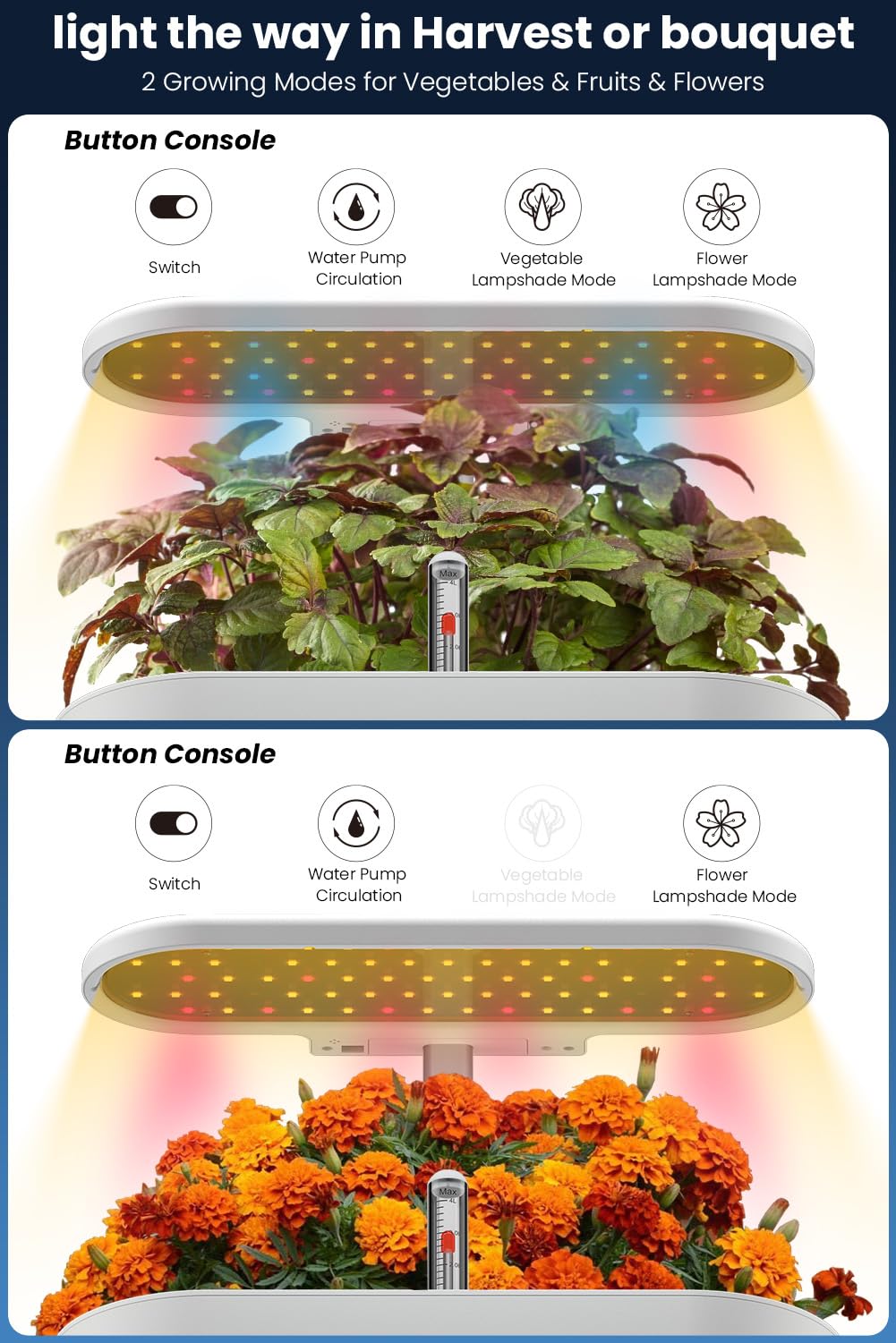 inBloom 12 Pods Hydroponics Growing System Indoor Garden with LED Grow Light and Pod Kit, Plants Germination Kit with 4.2L Water Pump Accelerate, Height Adjustable, Gardening Gifts for Women, White