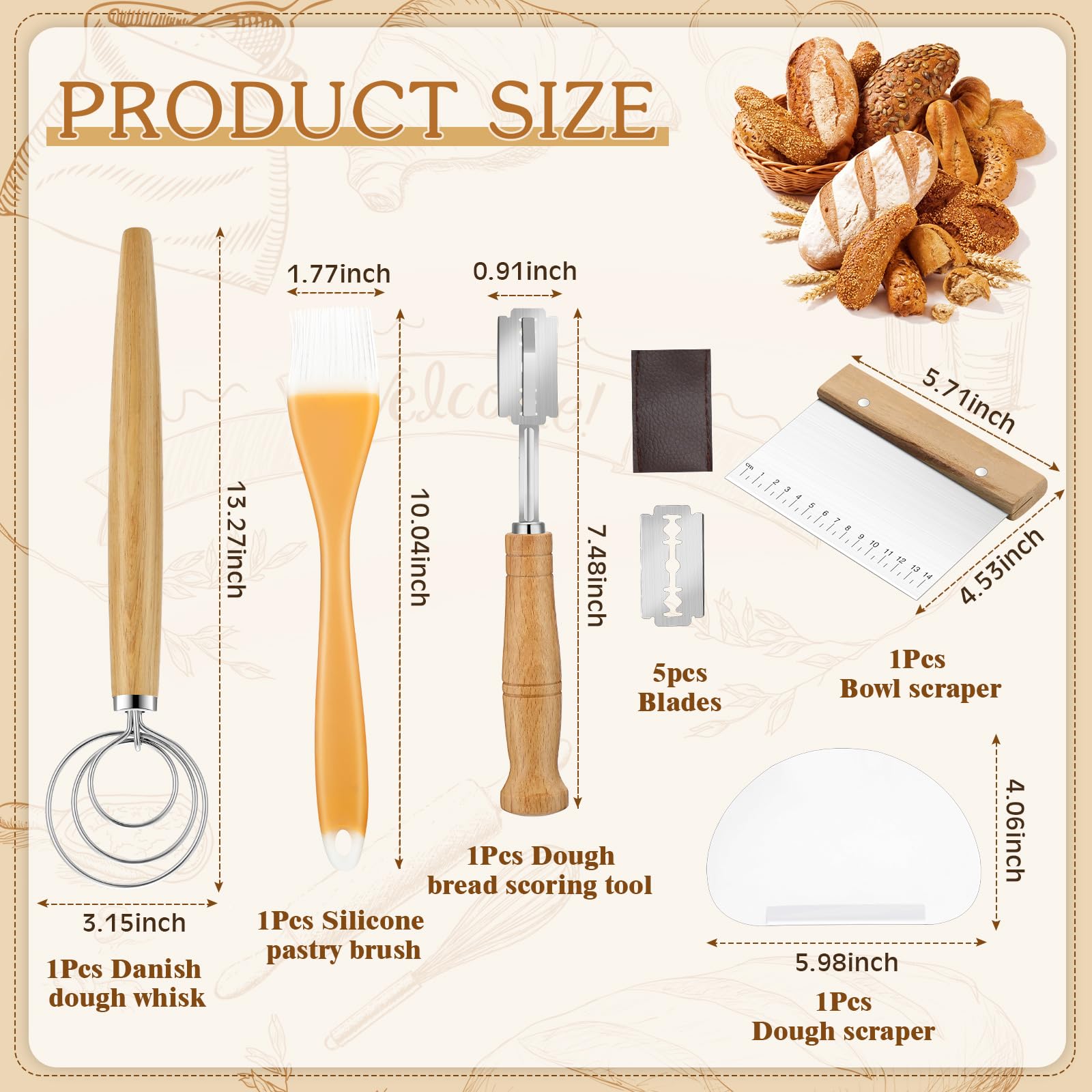 Qinyoung 6 Pcs Sourdough Starter Kit with Scale Dough Whisk Set Include Danish Dough Whisk, Dough Bread Scoring Tool, Scraper, Food Scale with Brush and Blades Bread Baking Tools and Supplies