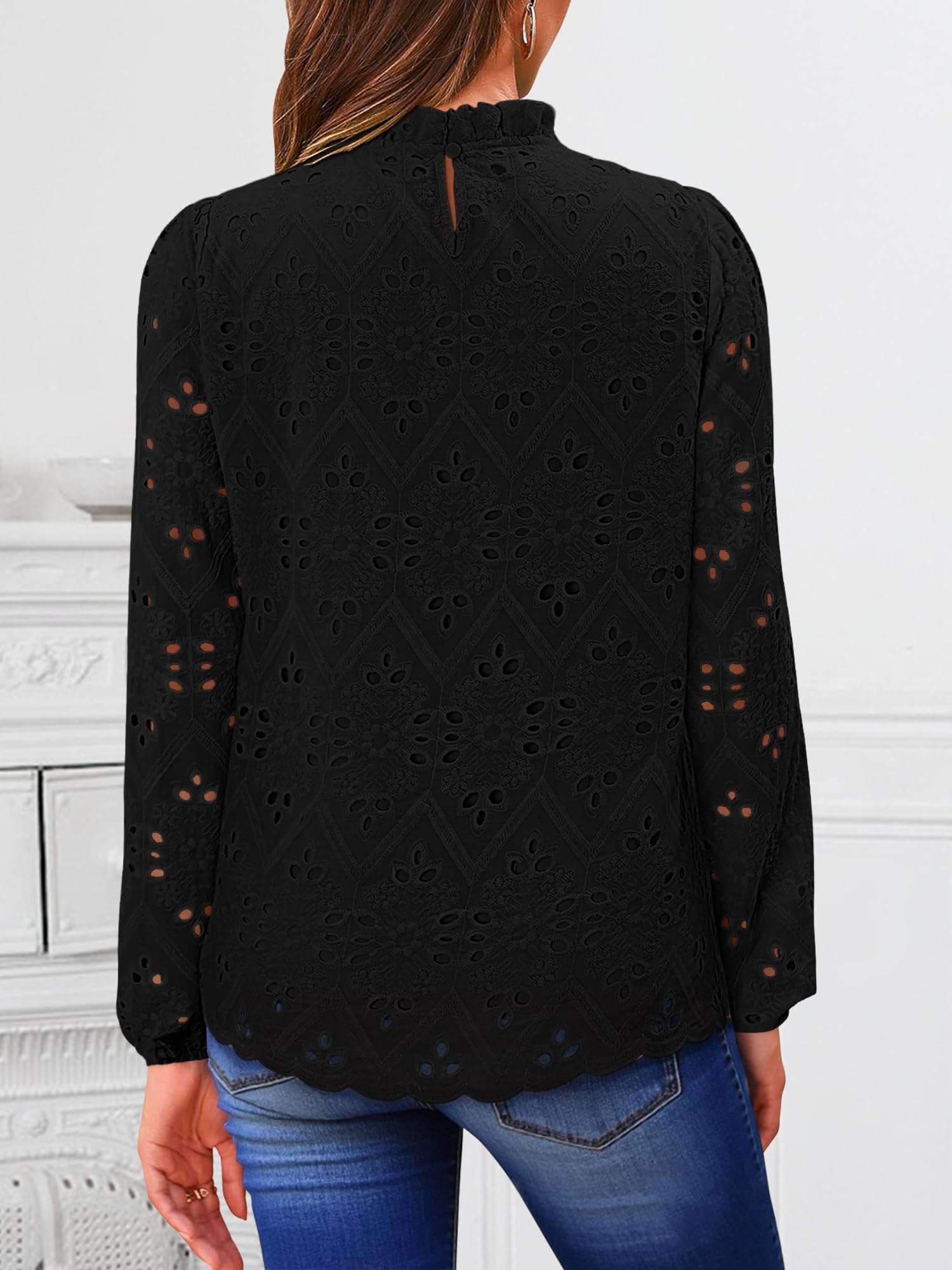 BETTE BOUTIK Woman Blouse Hollow Oversized Tunics Flowy Lady Tops Trendy Shirt for Women Long Sleeve Shirts Black X-Large
