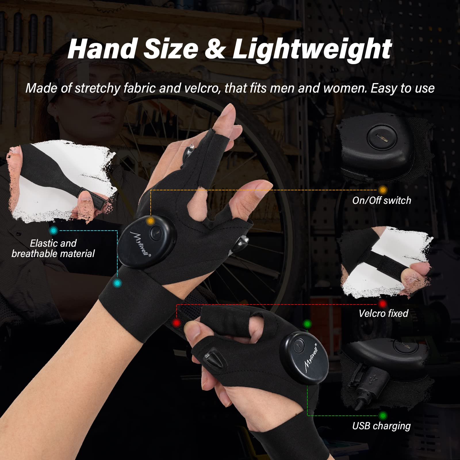 Mylivell Handsfree LED Flashlight Gloves Unique Gift for Men Women Dad Him Boyfriend Husband, Ideal for Fishing Camping Repairing Bright Flexible Rechargeable Fathers Day Christmas Birthday Gifts