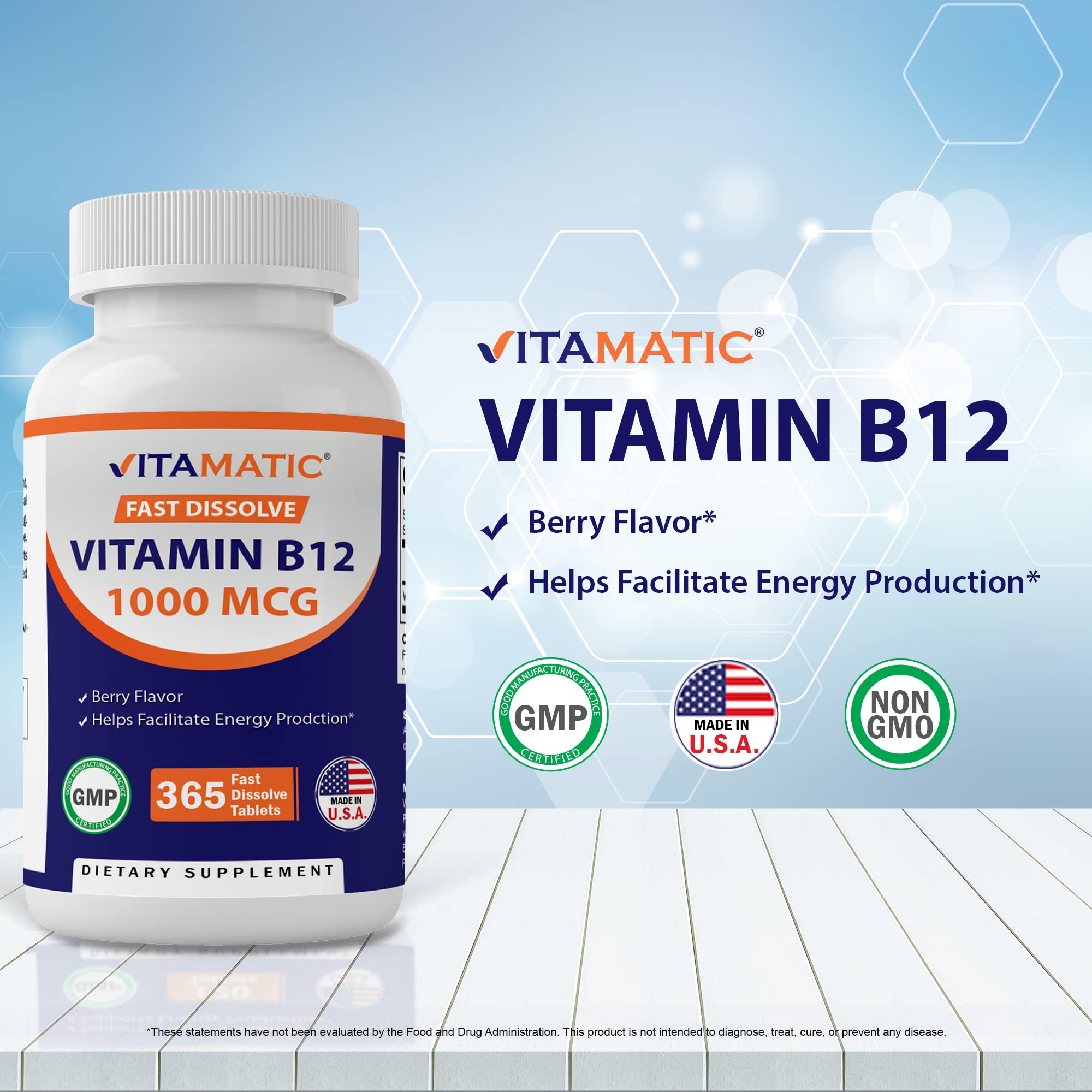 Vitamatic Vitamin B12 1000 mcg Fast Dissolve 365 Tablets - Berry Flavor - Supports Energy Metabolism