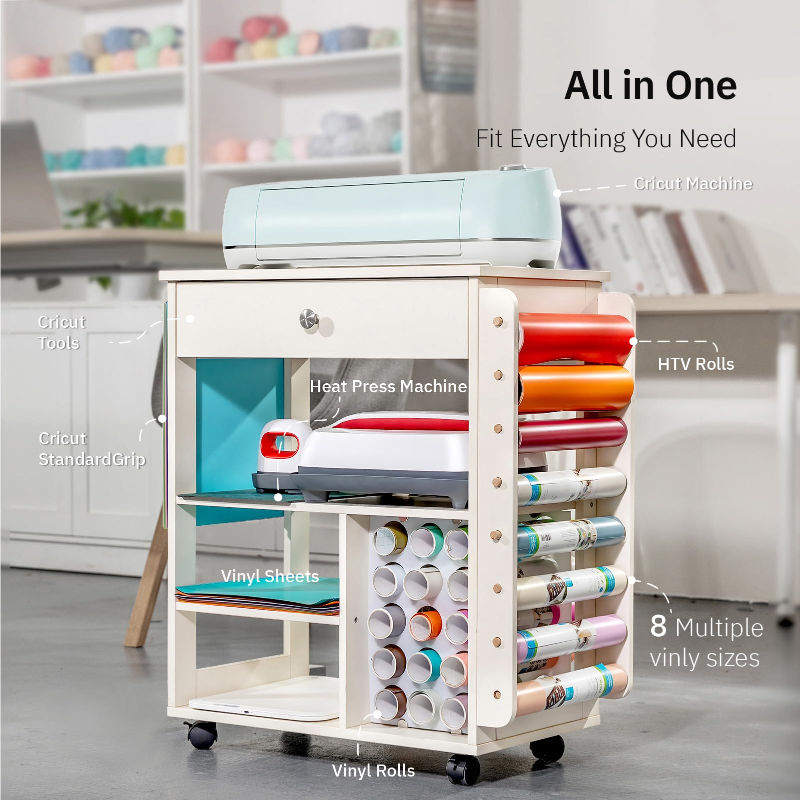 𝐂𝐫𝐚𝐟𝐢𝐭 Craft Cart Organizer Table Compatible with Cricut Rolling Organization and Storage with Vinyl Roll Holder, Crafting Cabinet Workstation Tool Accessories Holder for Craft Room (Patented)