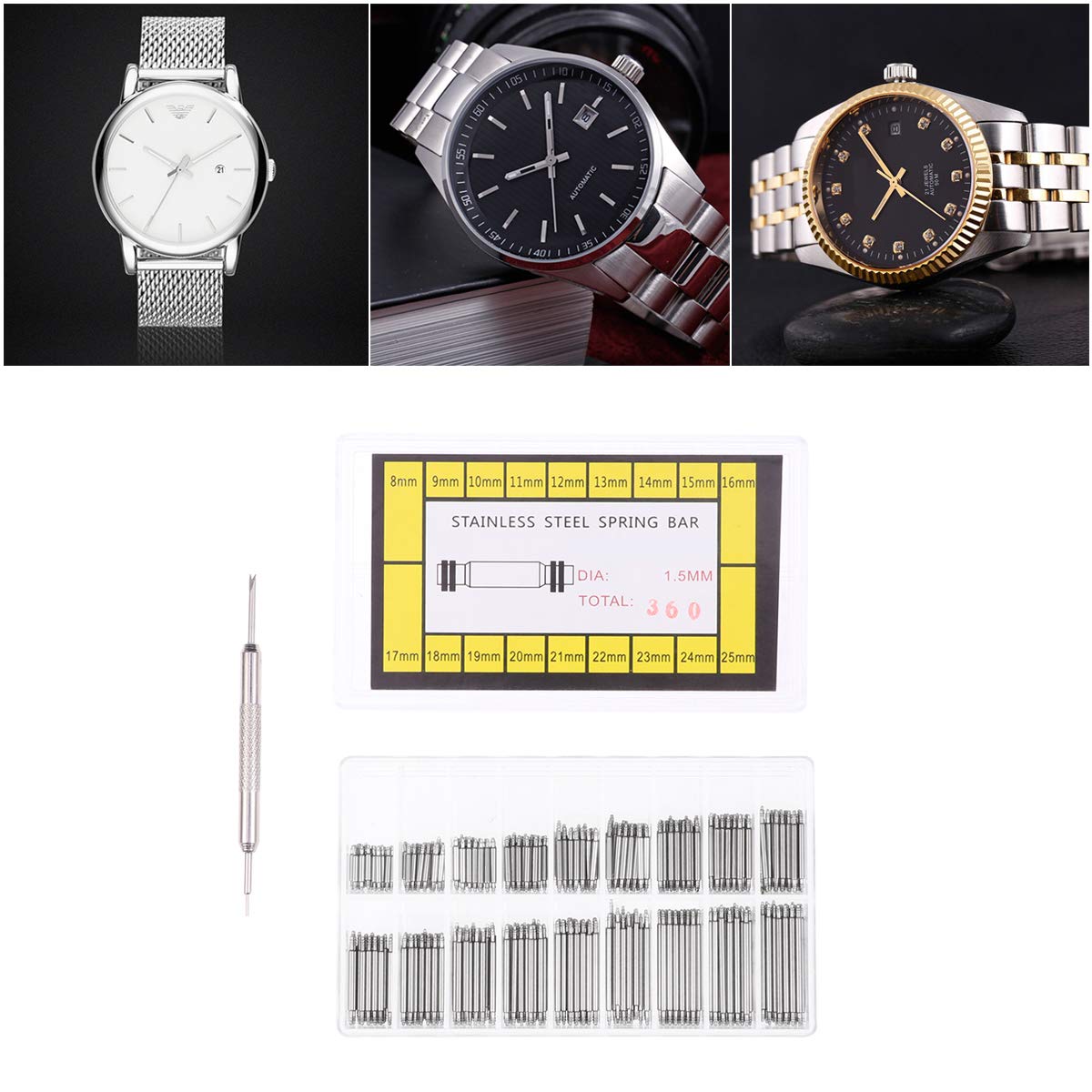 NICERIO 360pcs 8-25mm Stainless Steel Watch Band Spring Bars Strap Link Pins Wactchmaker Tools