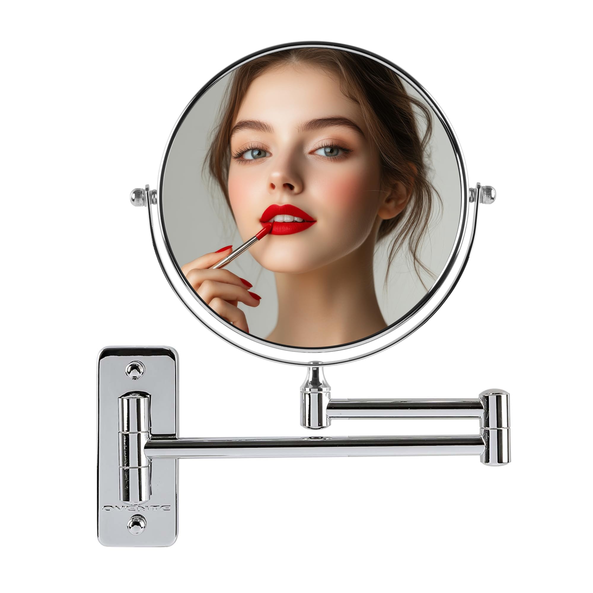 OVENTE 7" Wall Mounted Makeup Mirror with 1X/10X Magnification, Double Sided Magnifying Round Bathroom Vanity Mirror, 360° Swivel Design, Extendable and Folding Arm, Polished Chrome MNLFW70CH1X10X