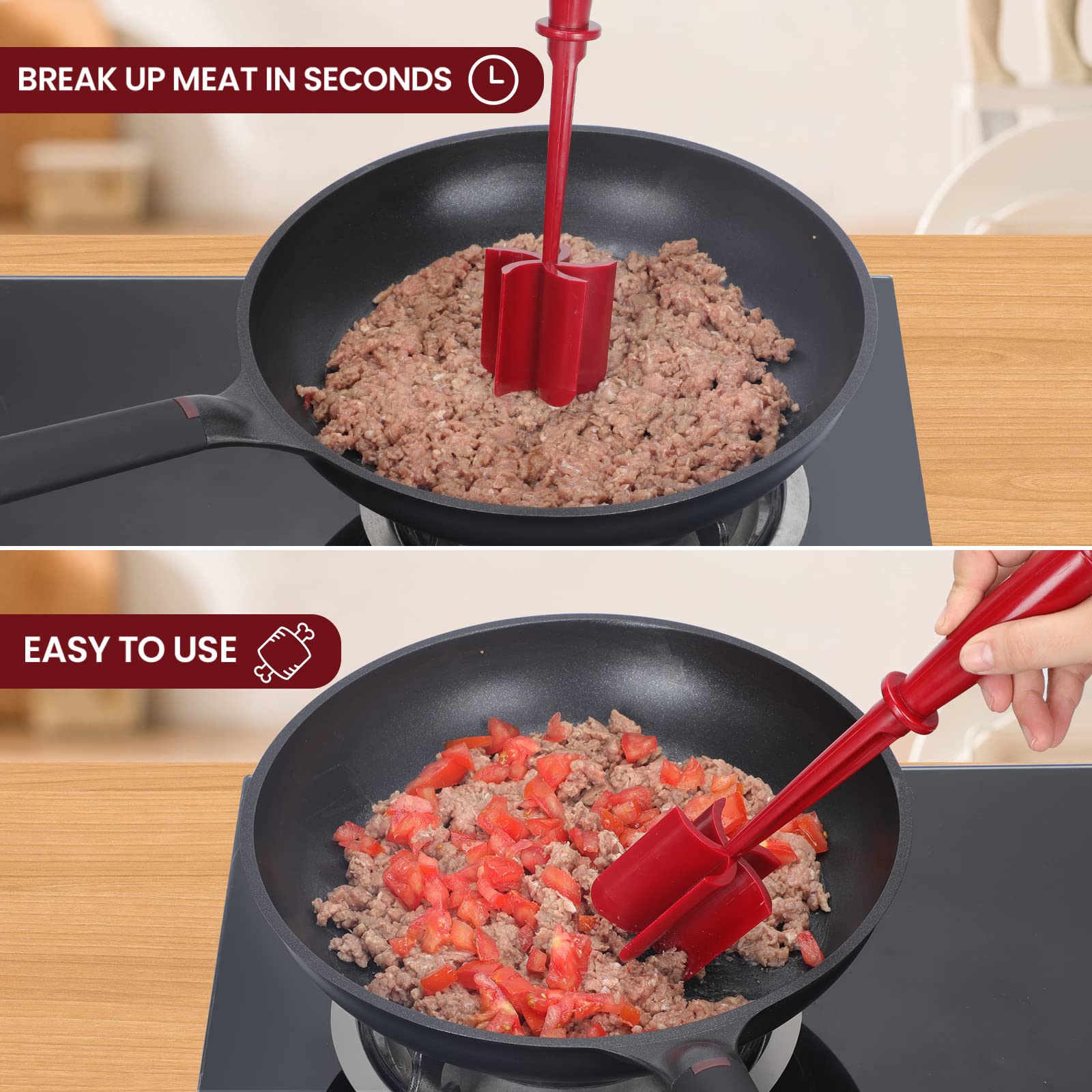 CUNSENR Premium Meat Chopper for Ground Beef - Heat Resistant Meat Masher - Kitchen Tools & Gadgets - Durable Ground Beef Smasher - Non Stick Hamburger Chopper - Cook Ground Meat with Ease(Red)