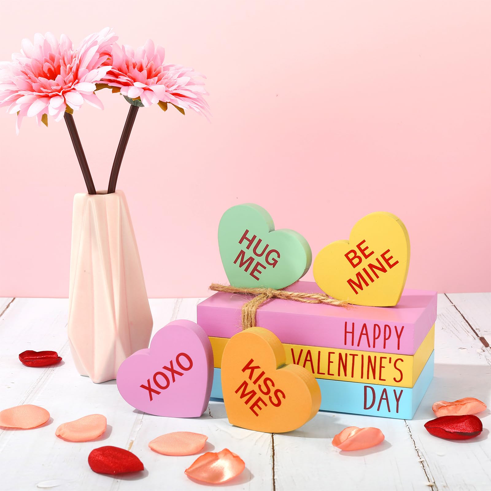 Whaline Valentine's Day Faux Stacked Books Conversation Heart Tiered Tray Decor Candy Decorative Wooden Table Centerpiece Block Signs for Party Home Kitchen Dining Table Decor