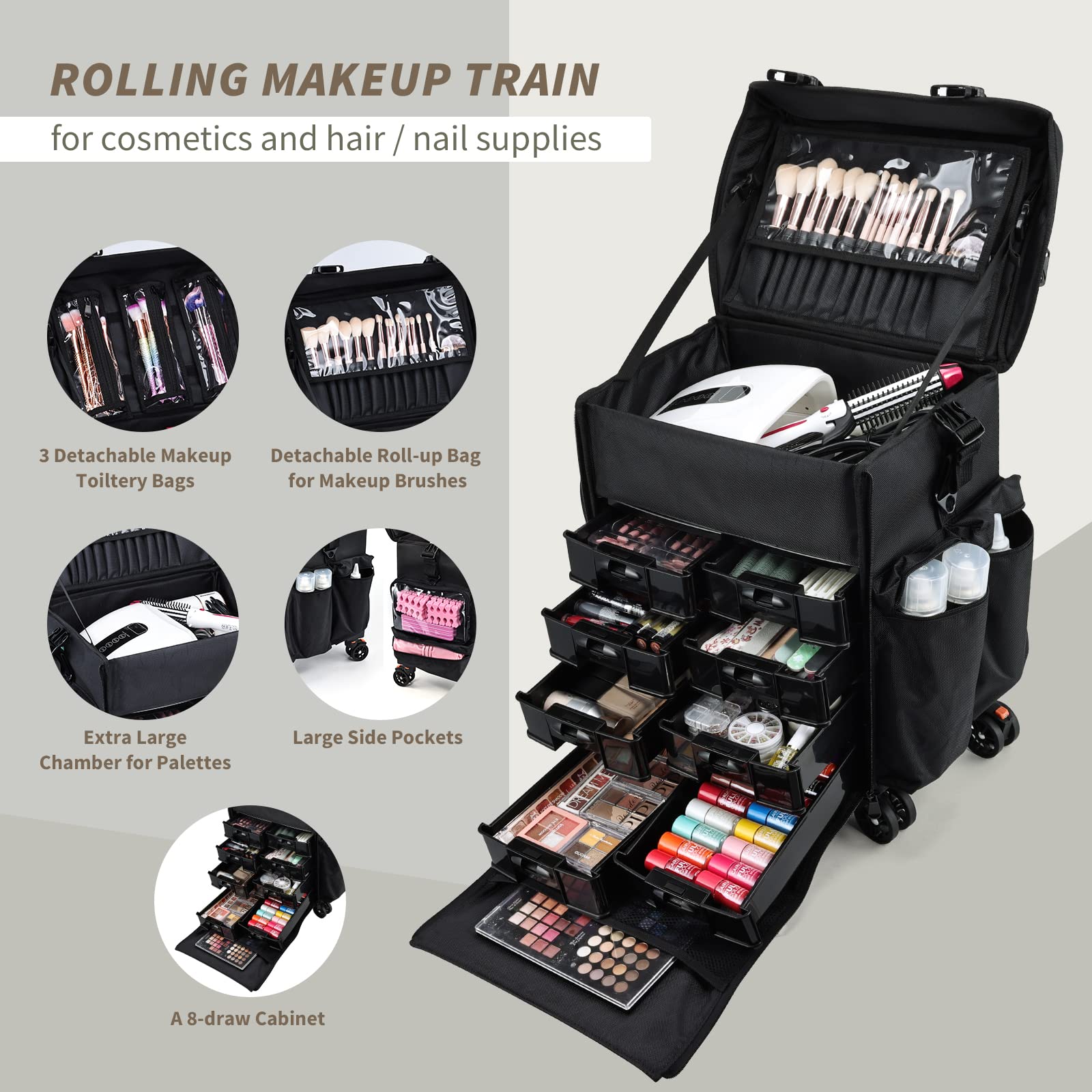 Costravio Travel Makeup Bag, Cosmetology Case on Wheels, 2 IN 1 Hair Tool Organizer, Rolling Nail Organizer Train Case, Large Cosmetic Trolley Suitcase for MUA/Hairstyling/Home-care/Groomer, Black