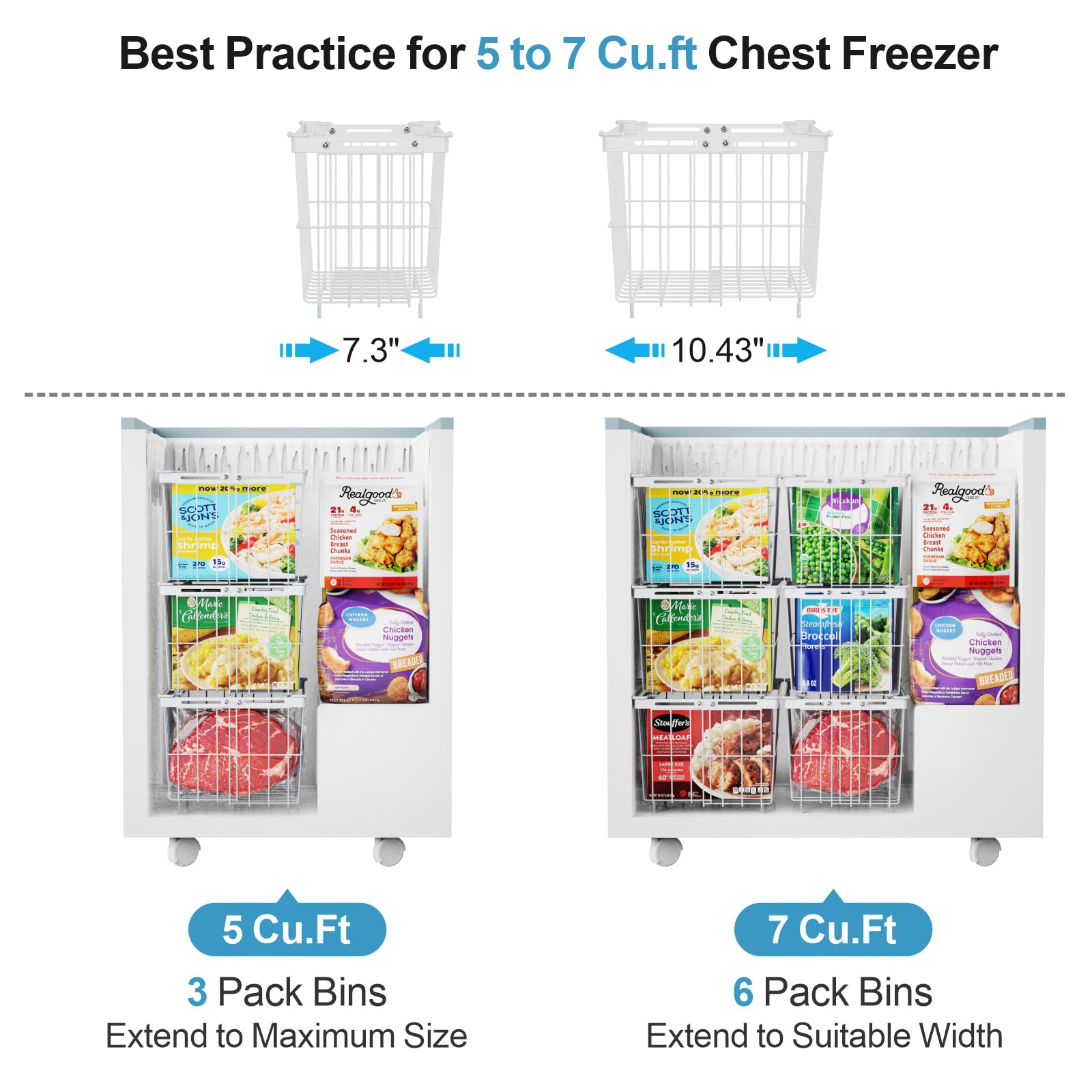 iSPECLE Chest Freezer Organizer Bins - 14.8" Length Large Freezer Organizer Bins for 5 - 7 Cu.FT Deep Freezer, Stackable Chest Freezer Organizer with Adjustable Width Hold More Items, 4 Pack White