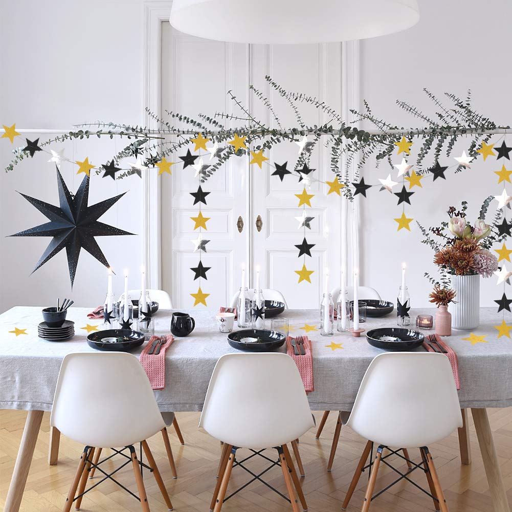 Decor365 Gold Black Star Garland Hanging Star Party DecorationsTwinkle Little Star Starry Night Galaxy Theme Graduation Birthday Bridal Shower Bachelorette NYE New Year’s Eve Party Backdrop Décor