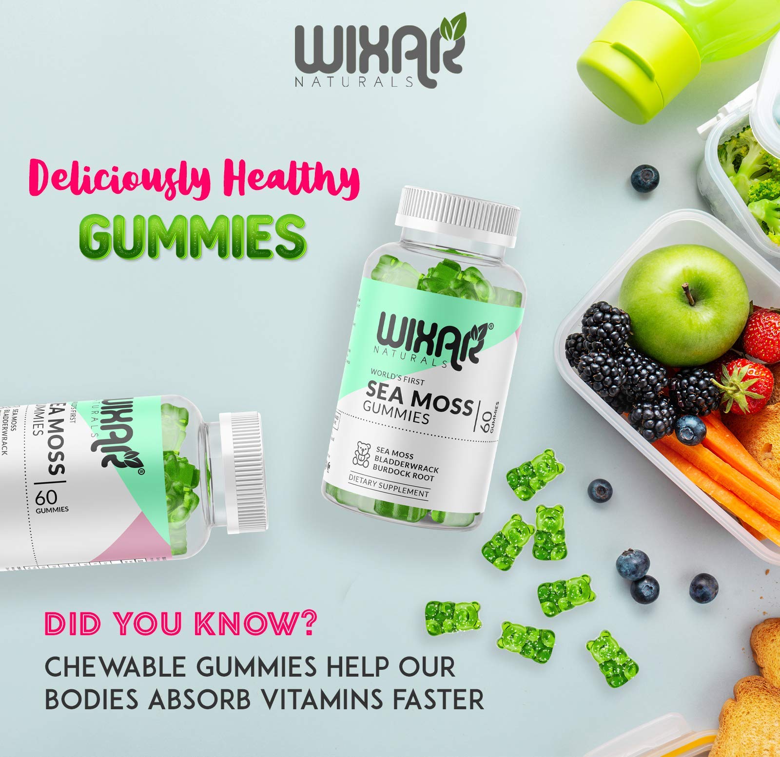 WIXAR NATURALS Sea Moss Gummies - Natural Irish Sea Moss and Bladderwrack with Burdock Gummy - 60 Gummies - Vegan - Healthy Immune, Gut & Overall Wellness Support - Herbal Alkaline Supplements