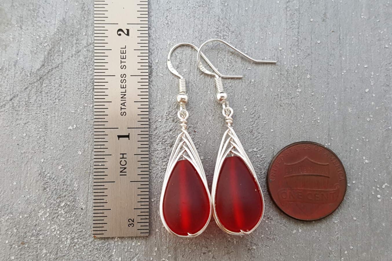 Yinahawaii Handmade Sea Glass Earrings, Hawaiian Jewelry, Wire Braided Earrings Teardrop Earrings, Beach Jewelry Sea Glass Jewelry For Women Birthday Gift (Ruby Red - July)