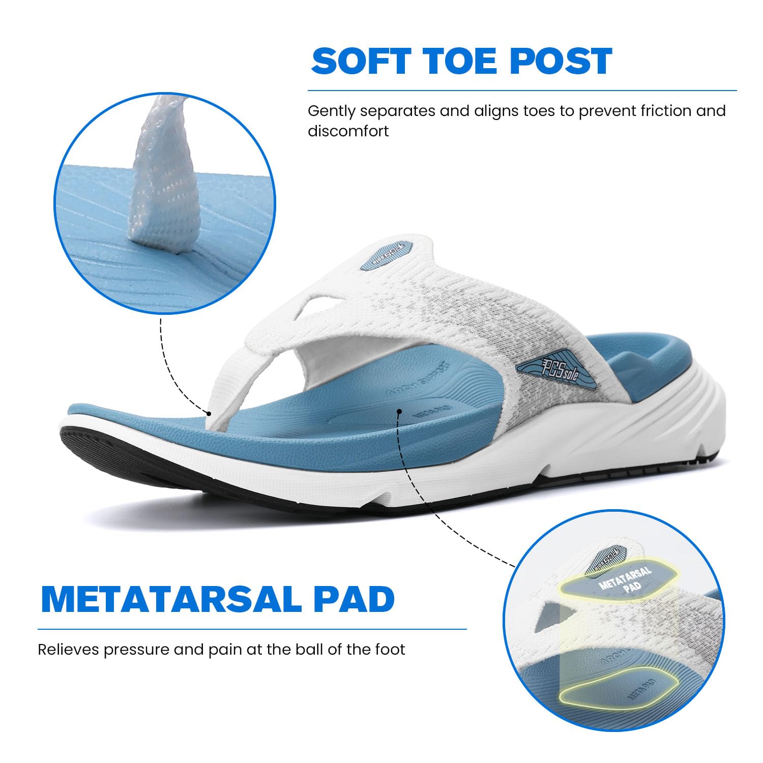 PCSsole Plantar Fasciitis Sandals for Women - High Arch Support Flip Flops with Comfort Cushion & Rubber Sole - Recovery Thong Orthotic Sandals for Foot Pain - Flat Feet - Arch Pain - Heel Pain
