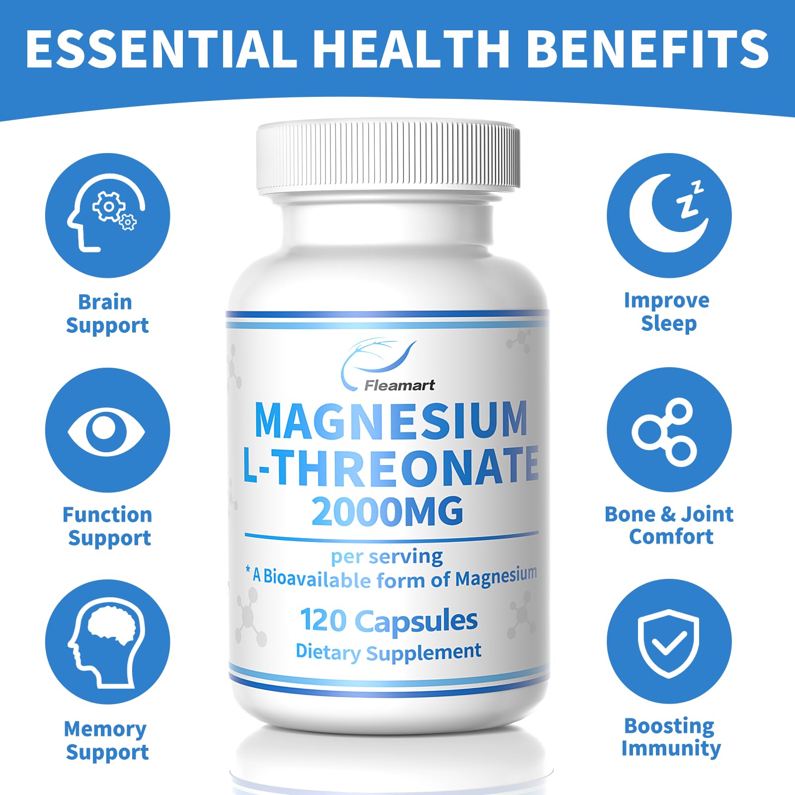 Magnesium L-Threonate Capsules for Brain & Sleep and Memory & Attention Magnesium L-Threonate 2000mg Complex High Absorption Supplement 120 Capsules, 30 Day Supply