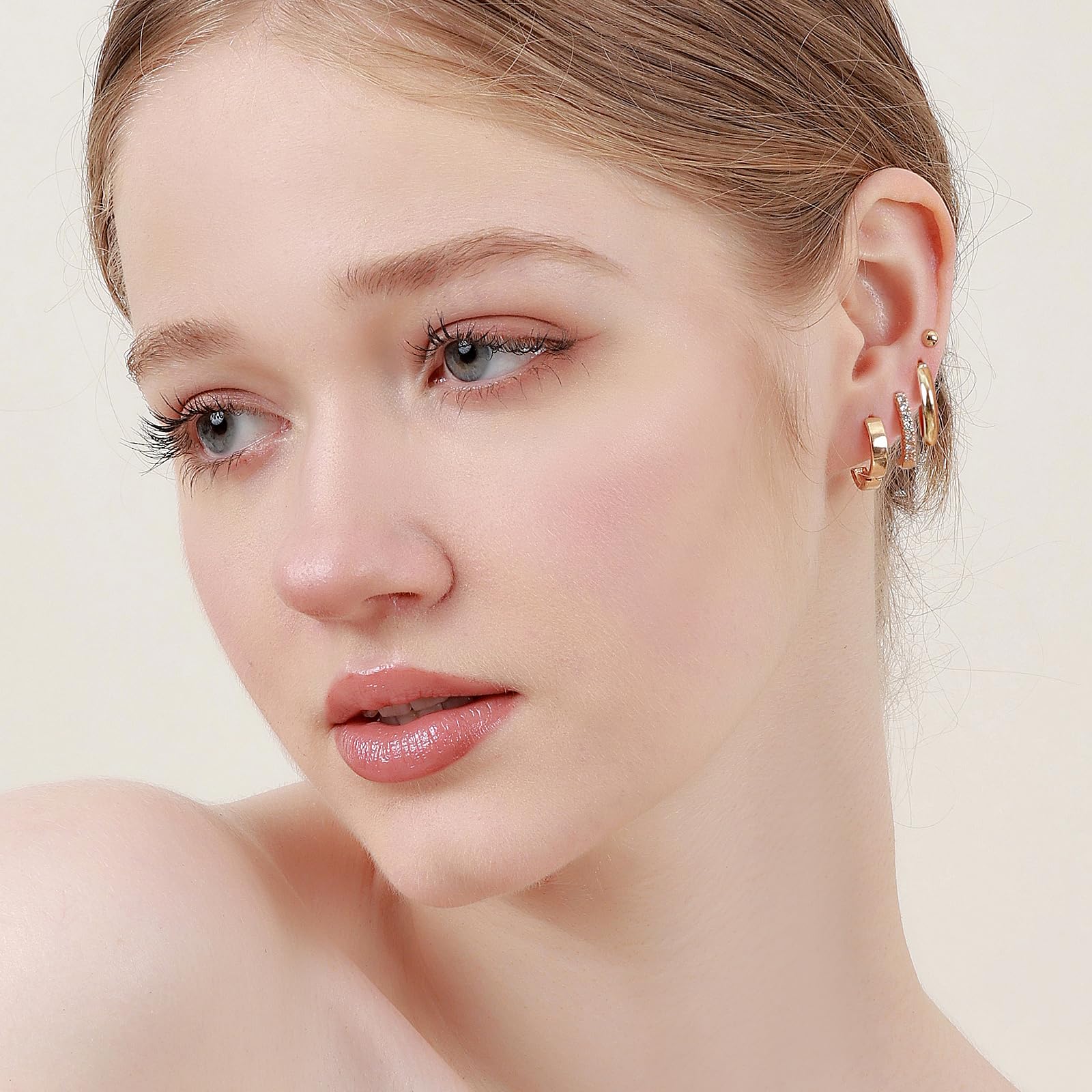 Earring Sets for Multiple Piercing, Gold Studs Earrings for Women Flat Back Stud Earrings Huggie Hoop Earrings Set Hypoallergenic 14K Gold Plated Earrings Lightweight Small Cubic Zirconia Gold Ball Cartilage Studs Earrings for Women Girls Men
