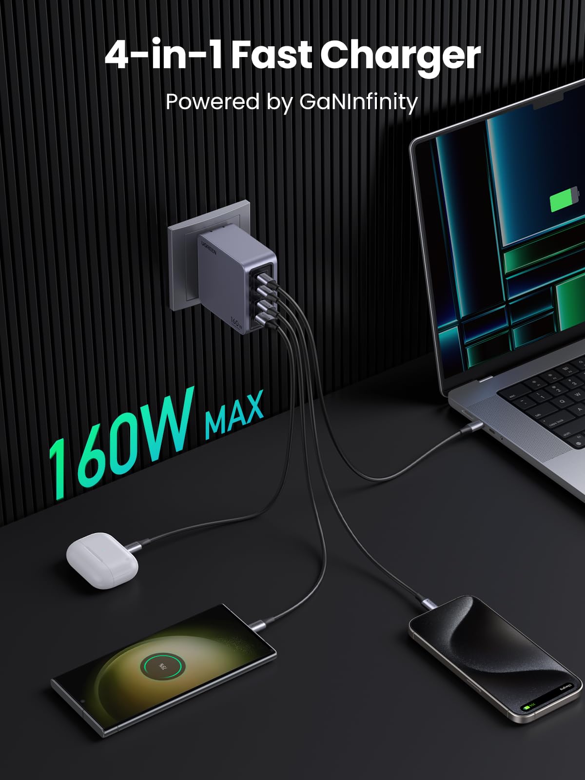 UGREEN Nexode Pro 160W USB C Charger, 4-Port PD 3.1 GaN Compact Fast PPS Wall Charger for MacBook Pro 16'' M2, Pixelbook, Dell XPS, iPad Pro, iPhone 15 Pro/14, Galaxy S23, Pixel 8, Steam Deck