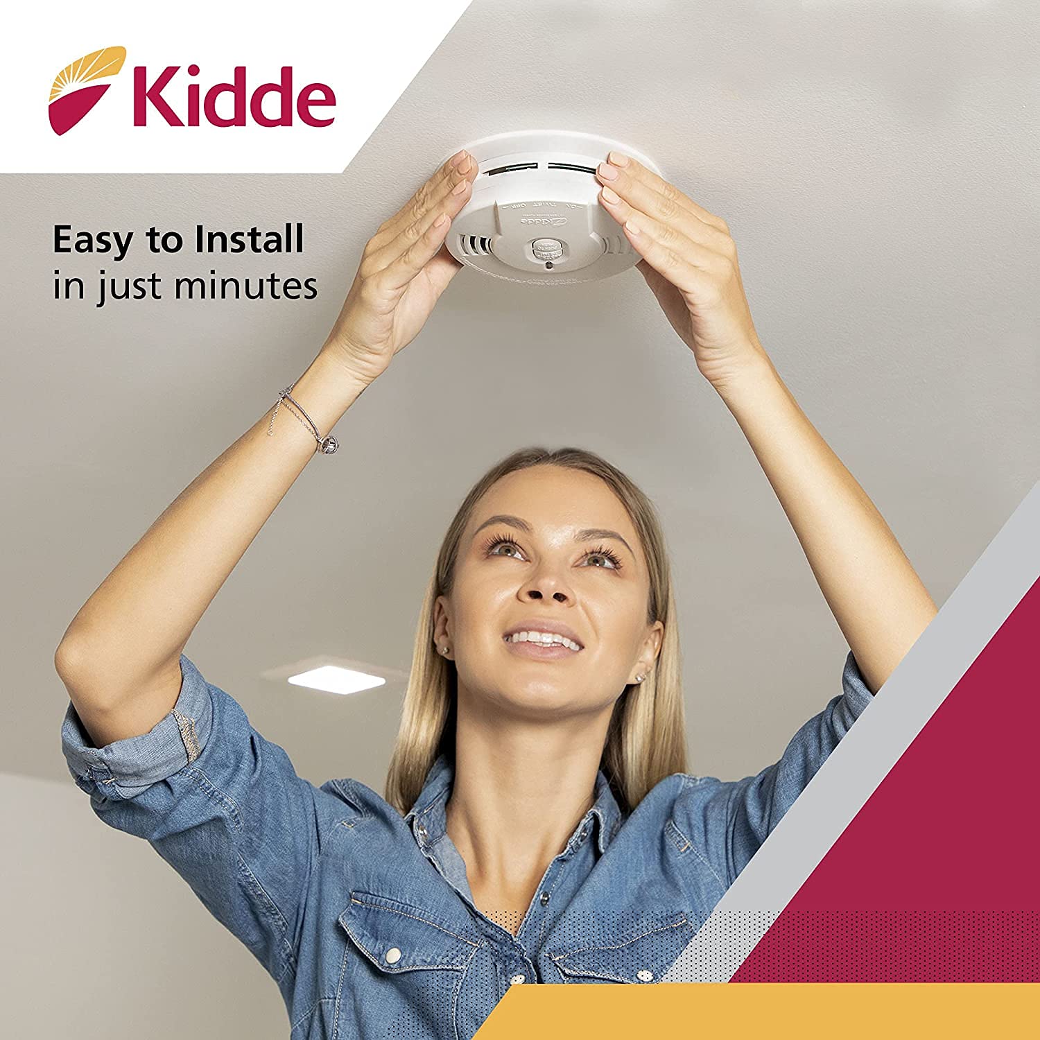 Kidde Smoke Detector, 10-Year Battery, LED Indicators, Replacement Alert, Test-Reset Button