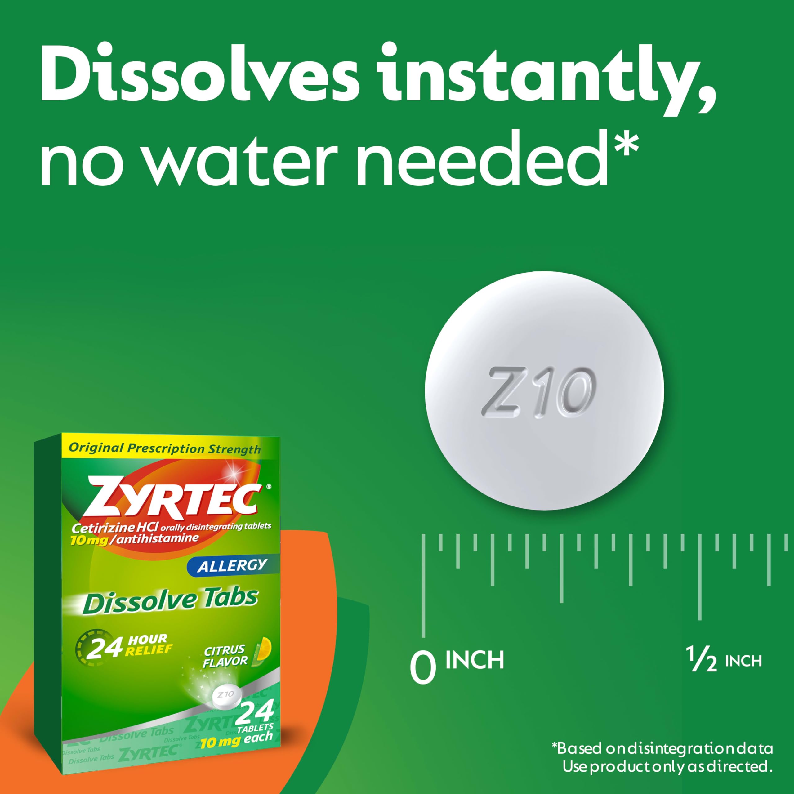 Zyrtec 24 Hour Allergy Relief Dissolving Tablets with 10 mg Cetirizine HCl Antihistamine, Allergy Medicine for Relief from Allergies Caused by Ragweed & Tree Pollen, Citrus Flavor, 24 ct