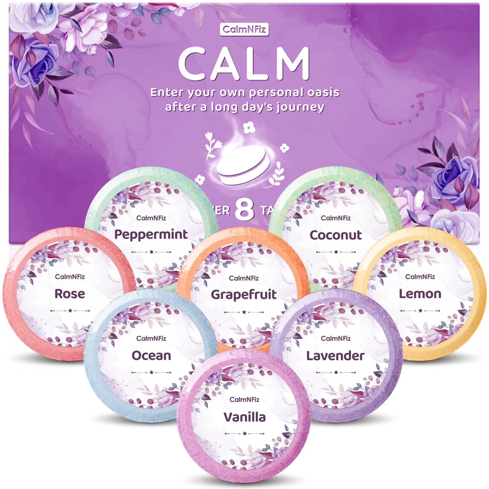 CalmNFiz Shower Steamers 8 Scents - Shower & Bath Bombs with Organic & Natural Fragrances for Teens and Adults - Birthday, Valentine's Day Gift for Women Who Have Everything（Purple）