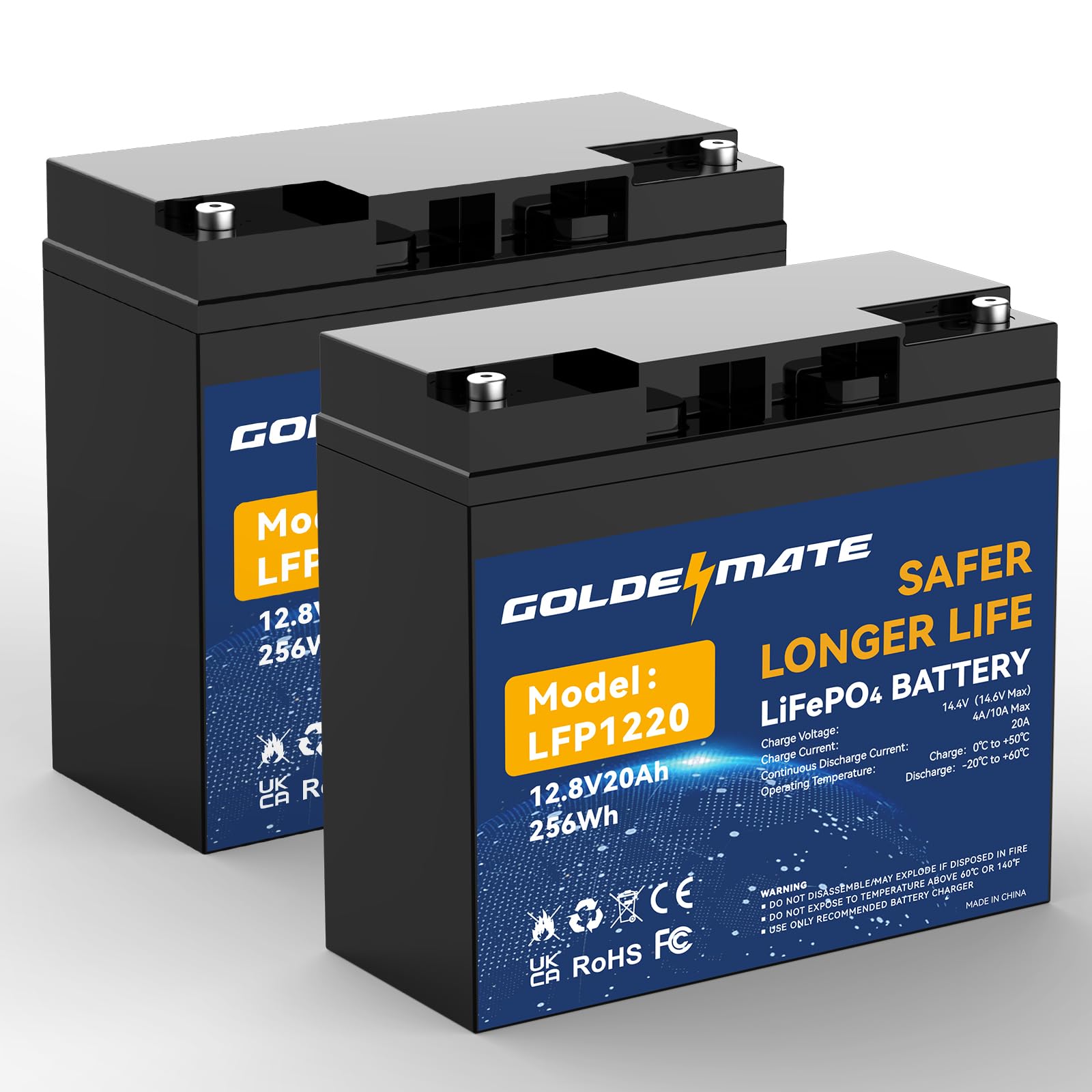 GOLDENMATE 12V 20Ah Lithium LiFePO4 Deep Cycle Battery (2-Pack), 2000-7000 Cycles Lithium Iron Phosphate Rechargeable Battery with BMS for Solar, Trolling Motor, Fish Finder, Power Wheels, Camping