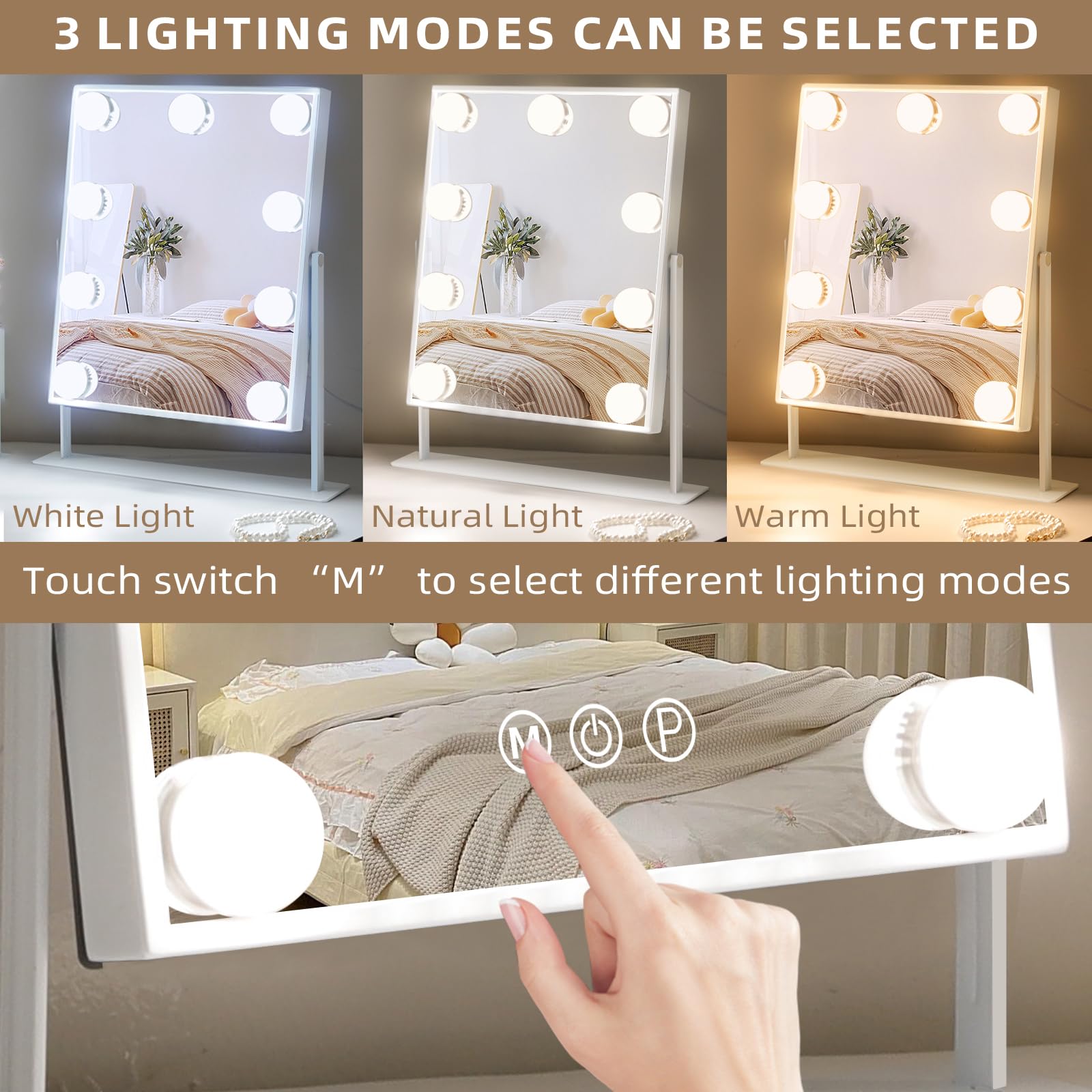 Hansong Vanity Mirror with Lights Lighted Makeup Mirror with 9 LED Bulbs Plug in Light Up Makeup Mirror with Lights 360 Rotation with 10x Magnifying Mirror Tabletop