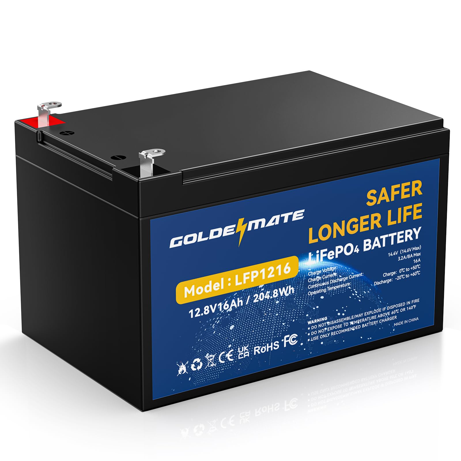 GOLDENMATE 12V 16Ah LiFePO4 Battery, Lithium Batteries 12v with 16A BMS, 5000+ Deep Cycle Lithium Iron Phosphate Rechargeable Battery for Solar, Fish Finder, Power Wheels, Lighting, Ride-on Toys