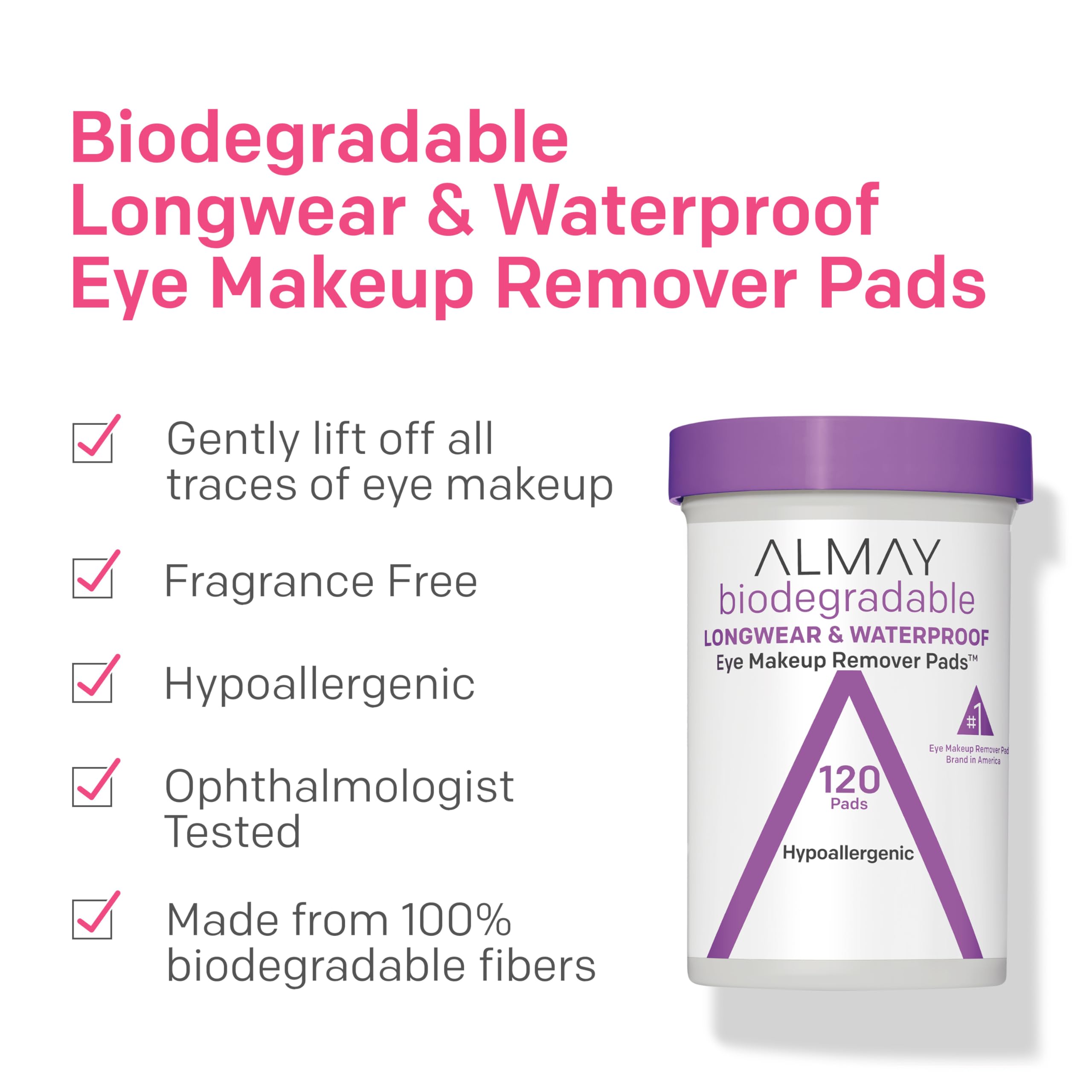 Almay Biodegradable Eye Makeup Remover Pads, Longwear & Waterproof, Stocking Stuffer for Women, Hypoallergenic, Fragrance-Free, 80 Count (Pack of 1)