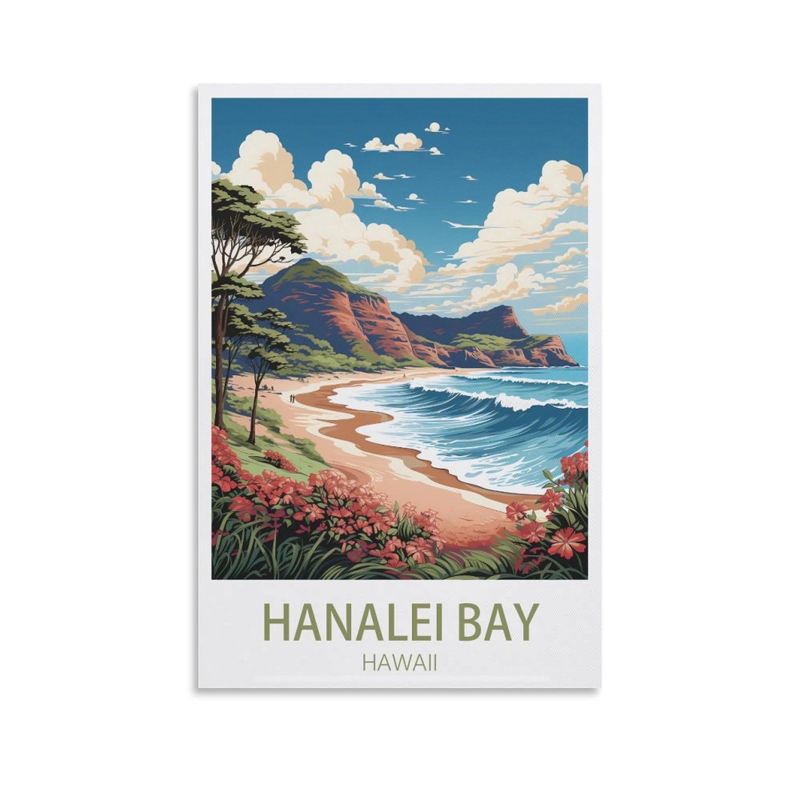 CNAHEIX Hanalei Bay Hawaii Vintage Travel Poster Mountain 24x36inch(60x90cm) Canvas Wall Art Print Painting for Wall Decor Living Room Bedroom