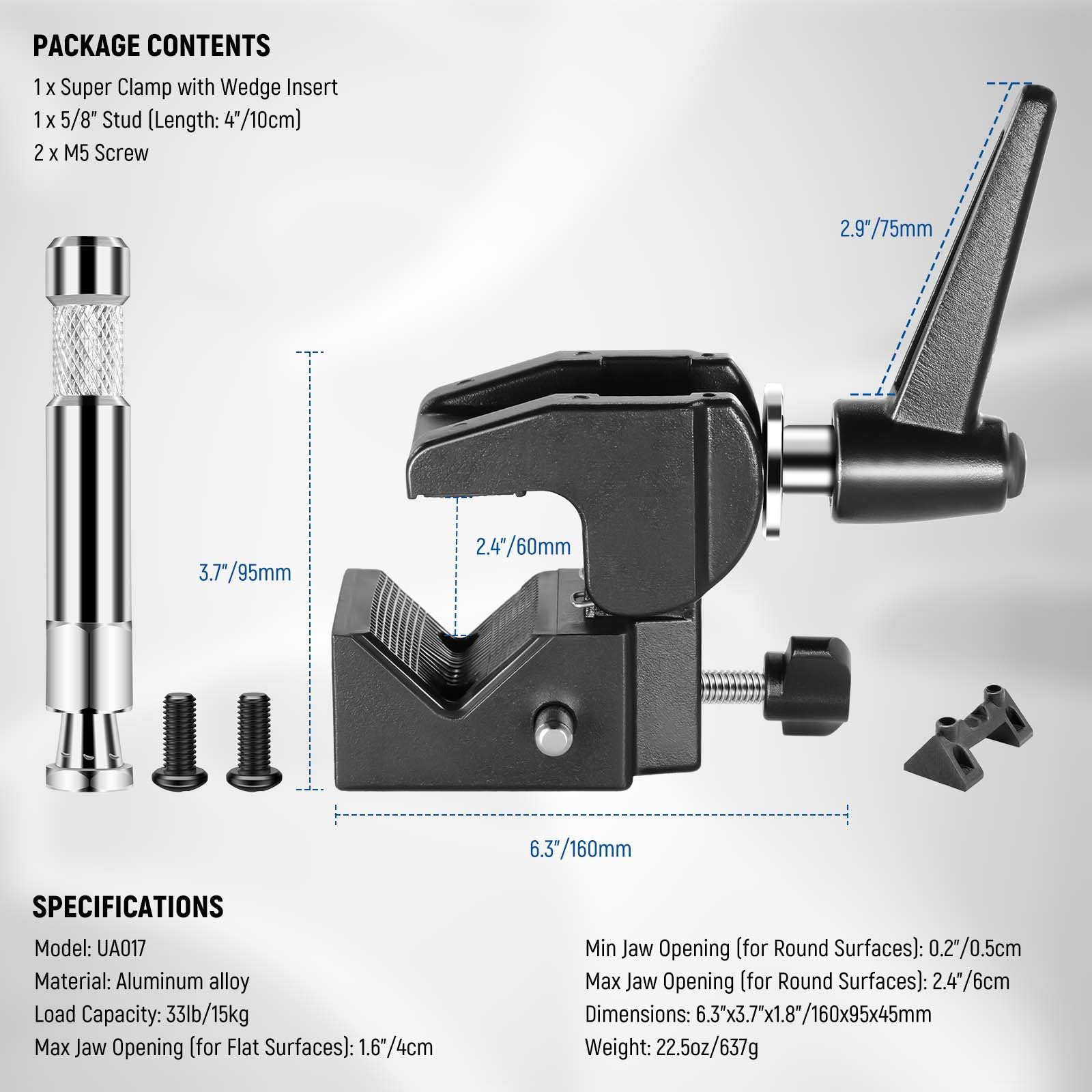 NEEWER Super Clamp with 5/8" Stud, Spring Lock, 2.4" Jaw Grip Heavy Duty Crab Pole Clamp for Round Pipe Flat Surface, for Photography Studio Camera Lighting Mounting, Max Load 33lb/15kg, UA017