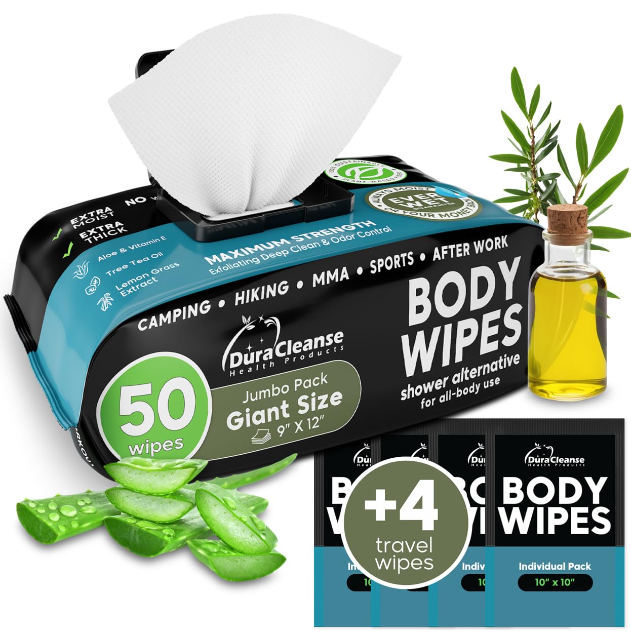 Body Wipes for Men - 50 XL No Rinse Shower Wipes + 4 Travel Bath Wipes - 9"x12" After Gym Wipes - Mens Deodorant Wipes - Face Wipes for Men -For Camping Essentials, Survival Gear and Supplies