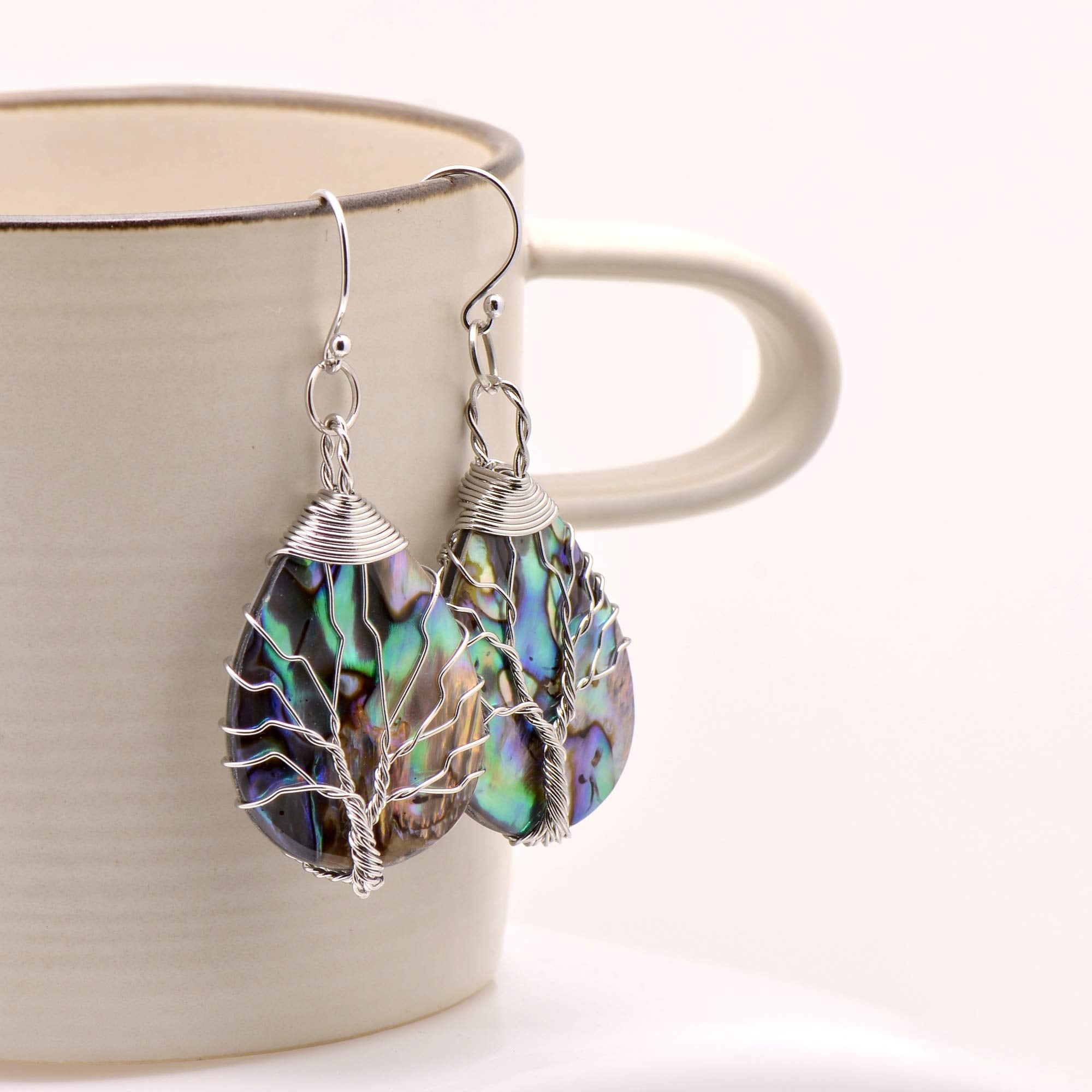 Sterling Silver Earrings Hooks Teardrop Abalone Shell Wrapped Tree of Life Earrings for Women, White Gold Tone