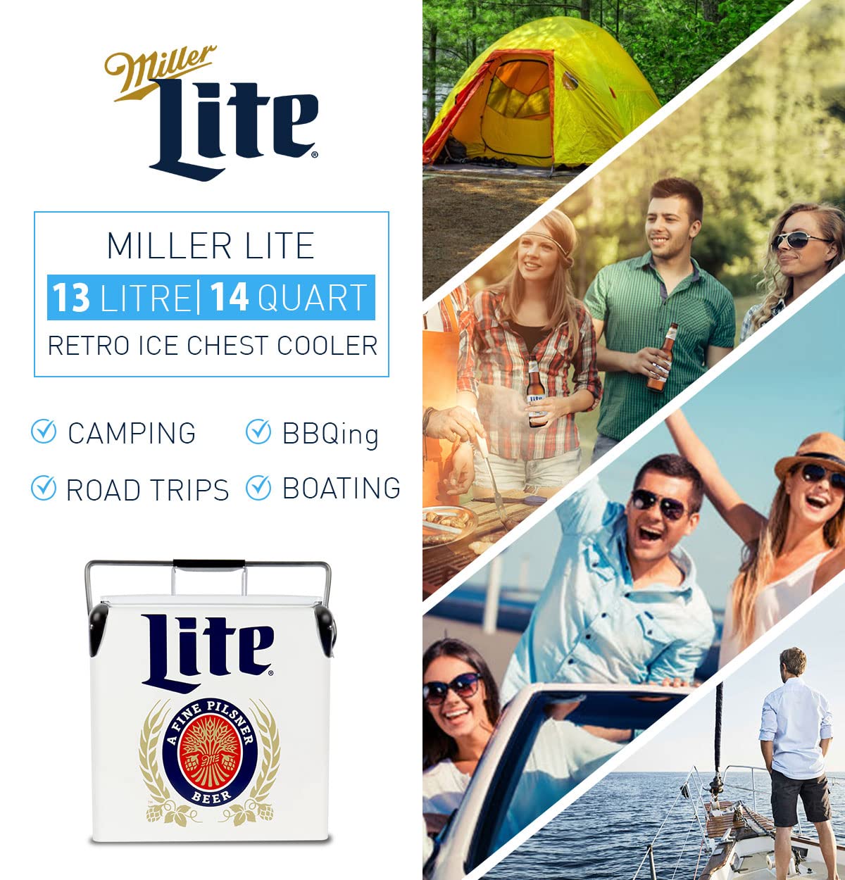 Miller Lite Retro Ice Chest Cooler with Bottle Opener 13L (14 qt), 18 Can Capacity, Blue and Red, Vintage Style Ice Bucket for Camping, Beach, Picnic, RV, BBQs, Tailgating, Fishing