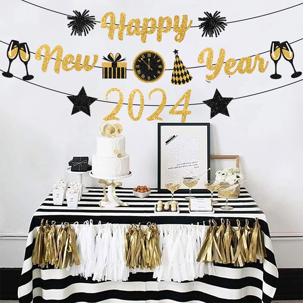 Gold Black New Years Decorations 2025 Glitter Happy New Year Banner New Years Eve Party Supplies New Years Eve Decorations Happy New Year Sign For New Year Party Decorations