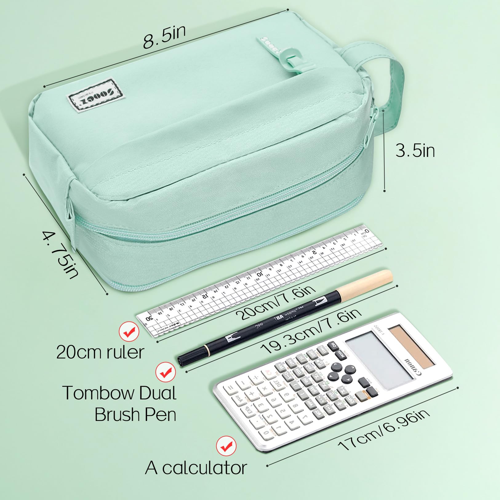 Sooez 𝐎𝐫𝐢𝐠𝐢𝐧𝐚𝐥 High Capacity Pencil Case, Big Pencil Bag Pouch Box Organizer Pen Case, Portable Journaling Supplies with Easy Grip Handle & Loop, Aesthetic Supply for Girls Adults, Mint Green