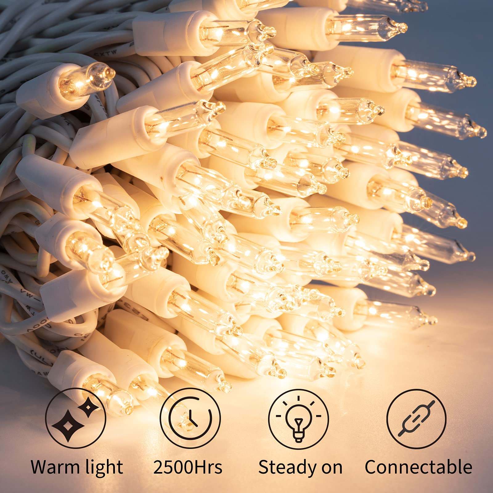 Brightown String Lights with 100 Clear Bulbs on White Wire - 26.5 FT Waterproof Connectable Christmas Tree Lights for Indoor Outdoor Use Party Holiday Patio Decorations