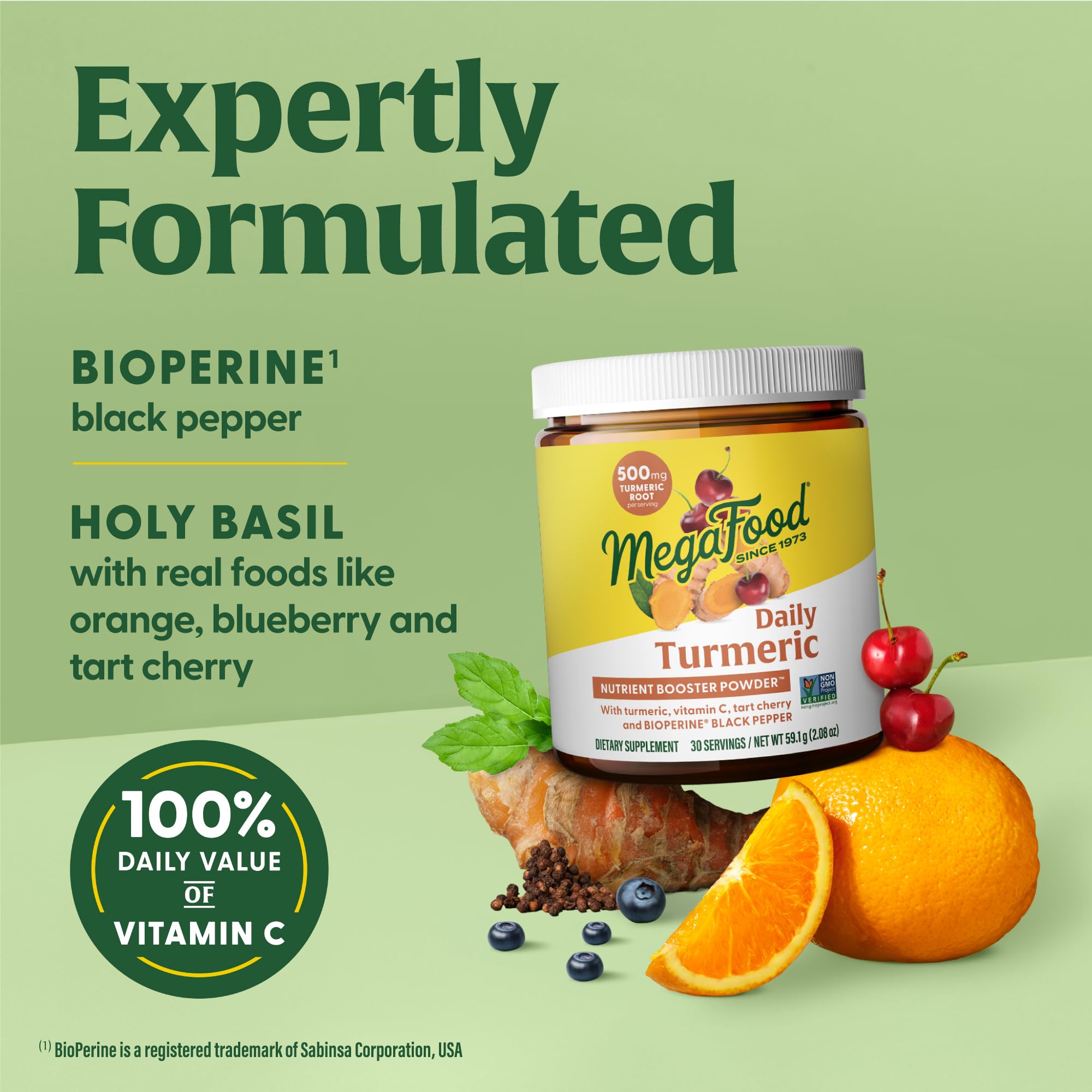 MegaFood Daily Turmeric Nutrient Booster Powder - Turmeric Supplement -with Black Pepper Extract, Tart Cherry & Vitamin C - Vegan - Made Without 9 Food Allergens - 2.08 Oz (30 Servings)