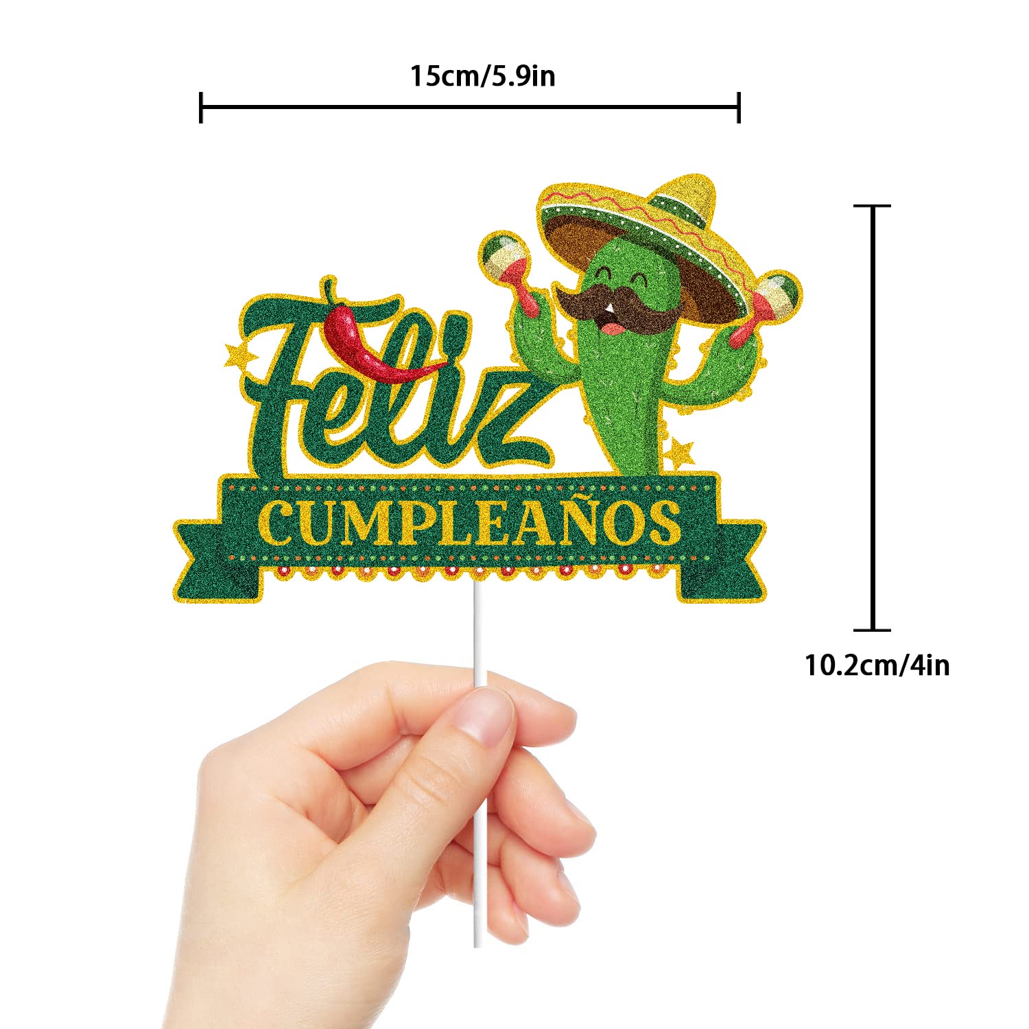 Feliz Cumpleaños Happy Birthday Cake Topper Green Glitter Mexican Cactus Taco Llama Maracas Cinco De Mayo Spanish Fiesta Theme Party Decors Supplies