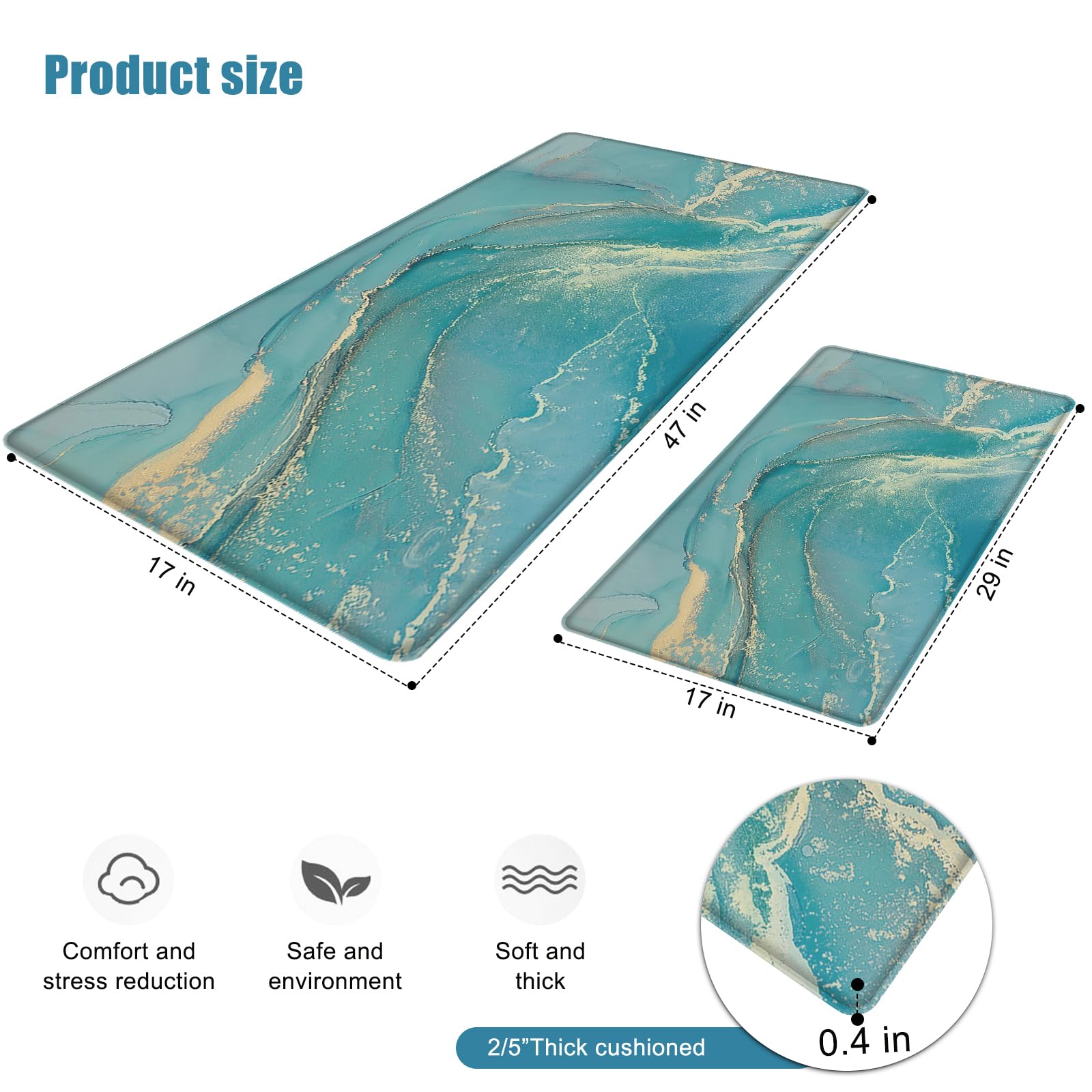 Sofort Anti Fatigue Kitchen Mats for Floor 2 Piece Set, Cushioned Memory Foam Kitchen Rug, Non Slip Waterproof Teal Marble Kitchen Mat, Comfort Standing Mats for Kitchen, Laundry, Office, Sink