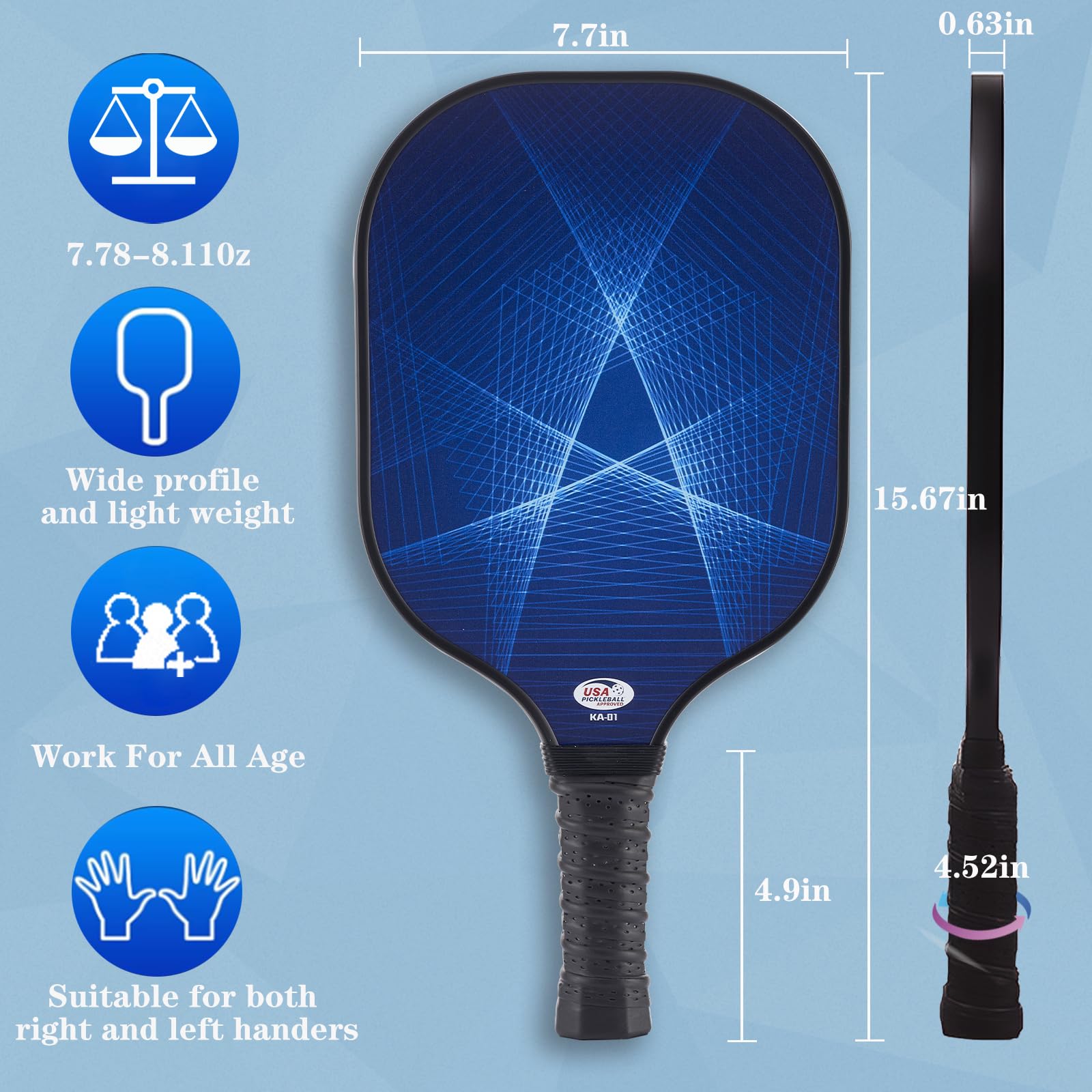 Kaniya Pickleball Paddles Set of 2,Fiberglass Pickle Ball Paddle ergonomic Pickleball rackets for both men and women,a gift for beginners and adults（blue）