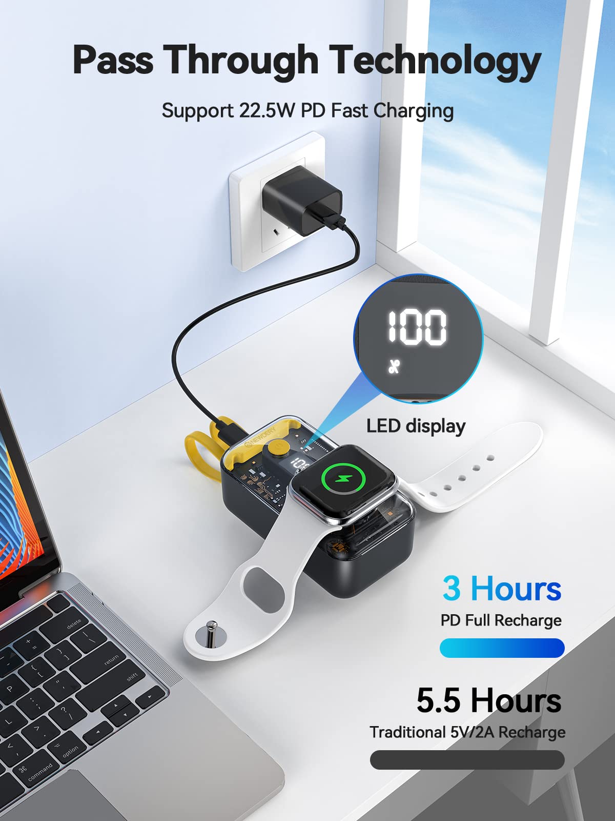 NEWDERY for Apple Watch Charger, 10000mAh Portable Charger Power Bank Built-in Cables, USB C Fast Charging External Battery Pack with LED Display for iPhone 16/15/14/13/12/iWatch/Airpods/Galaxy Phones